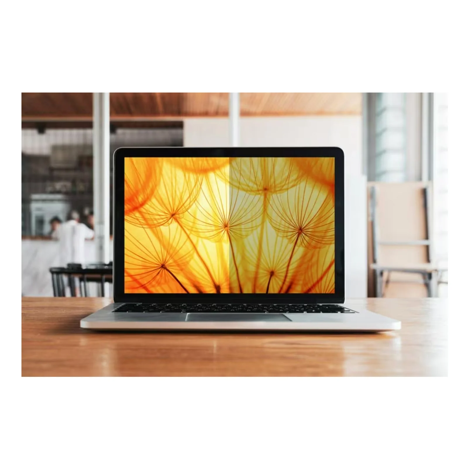 Ordinateur portable affichant une image florale aux tons orangés et dorés, vue de face