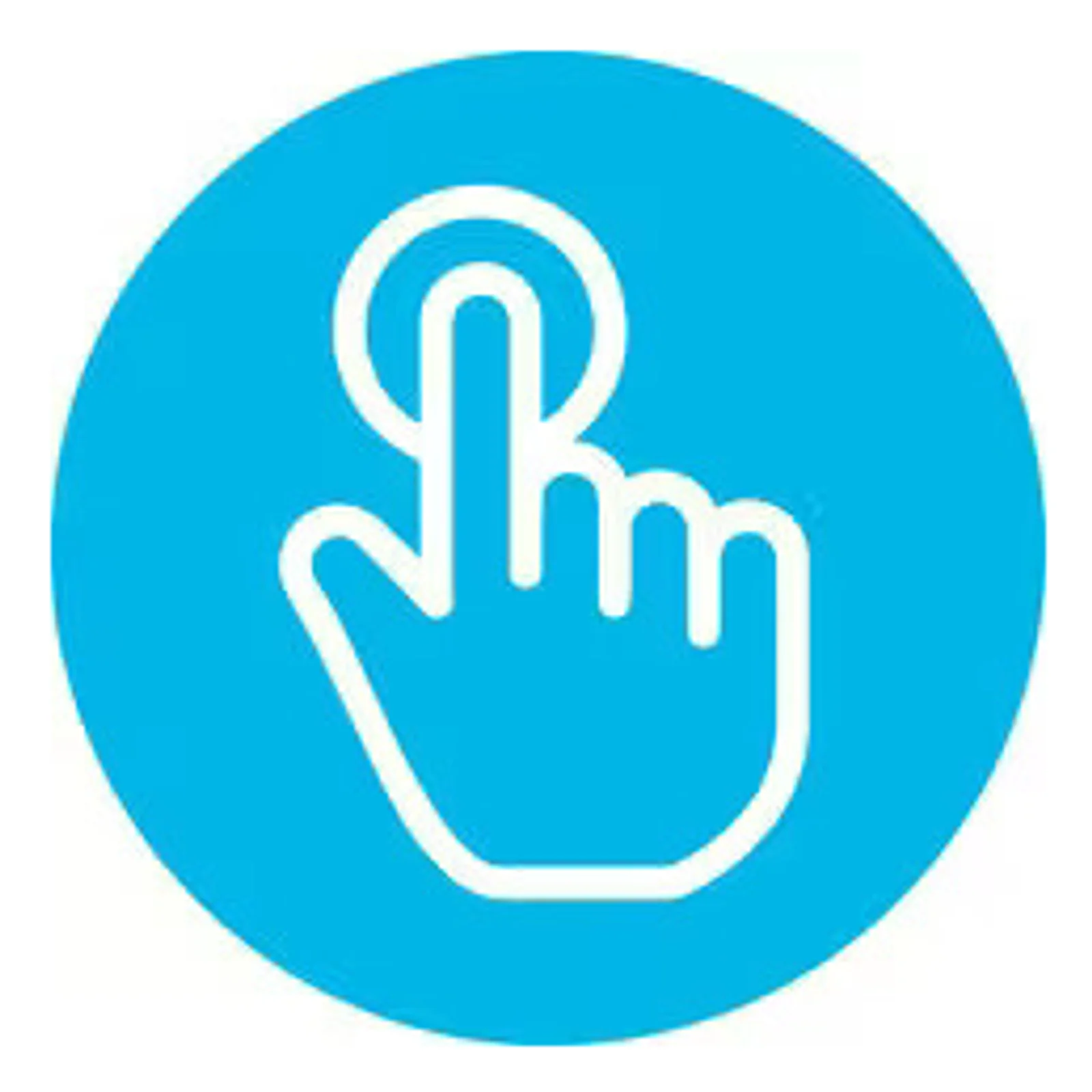 Icône bleue ronde avec doigt tactile blanc sur fond bleu ciel, symbole de compatibilité écran tactile