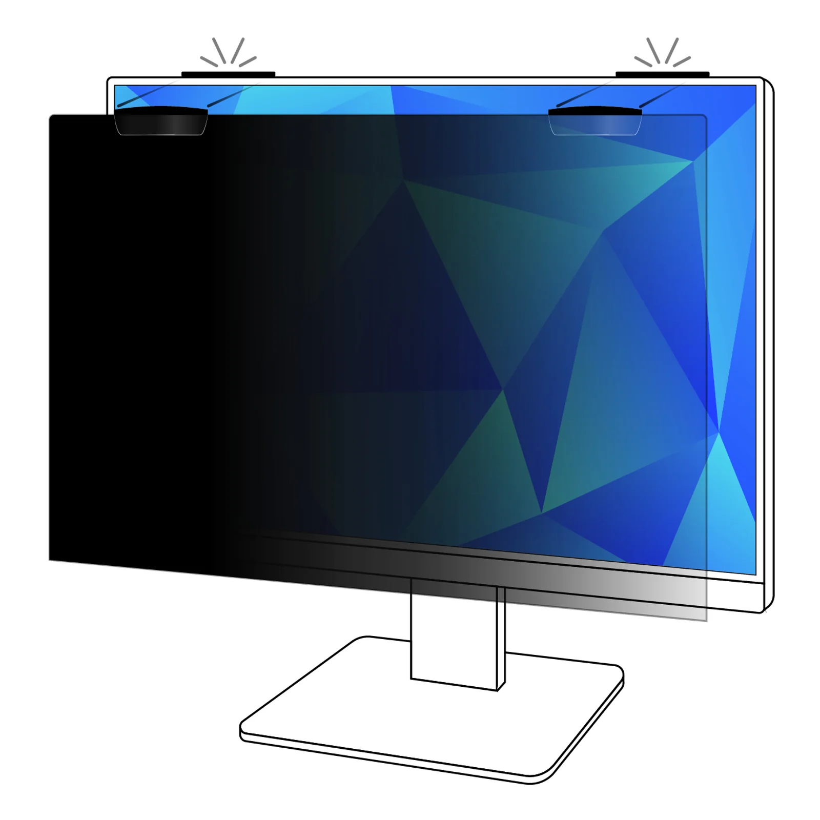 Filtre de confidentialité 3M PF240W9EM décollé du moniteur, attaches magnétiques COMPLY visibles en position haute, surface bleue