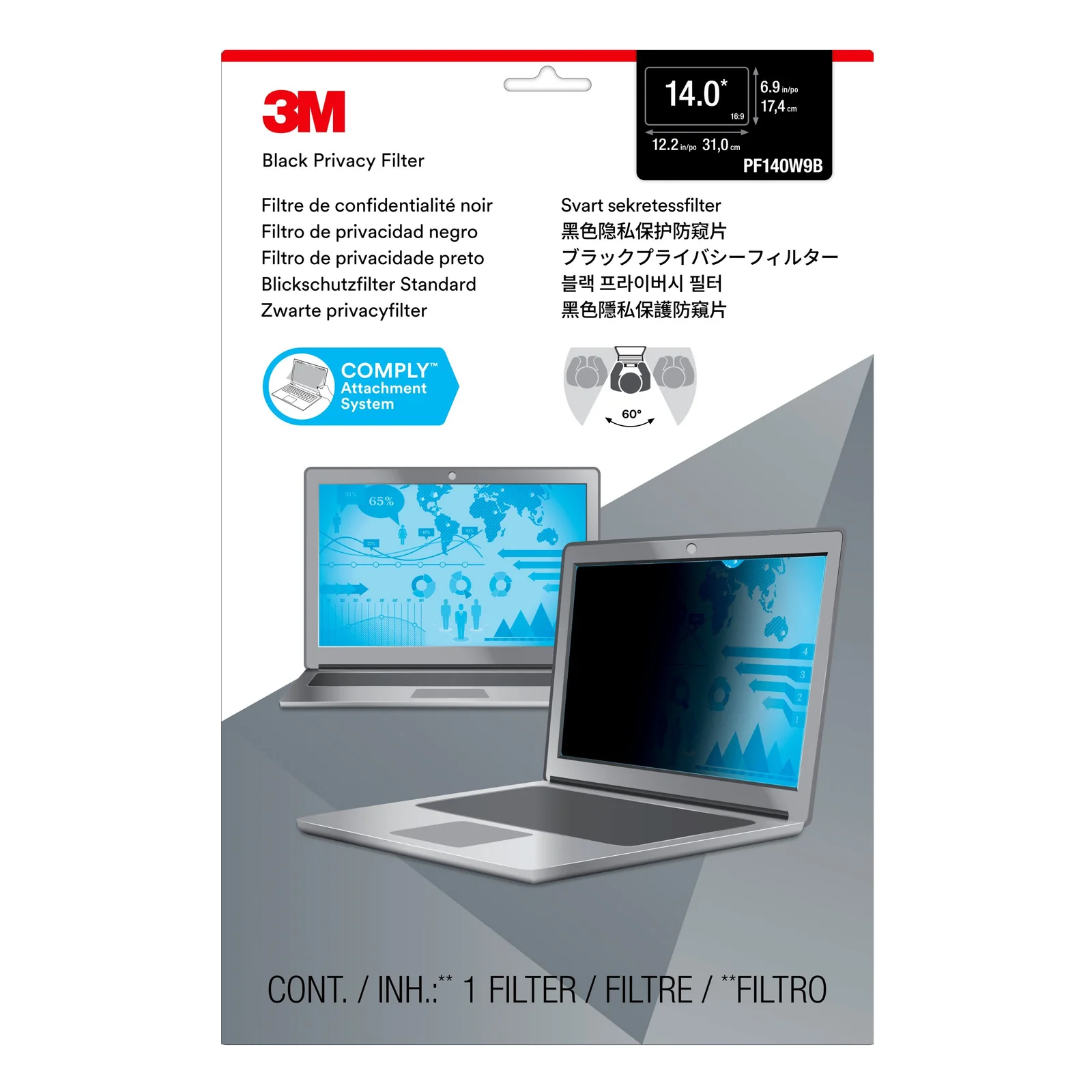 Emballage filtre confidentialité 3M PF140W9B 14 pouces 16x9, boîte noire avec étiquette format et dimensions