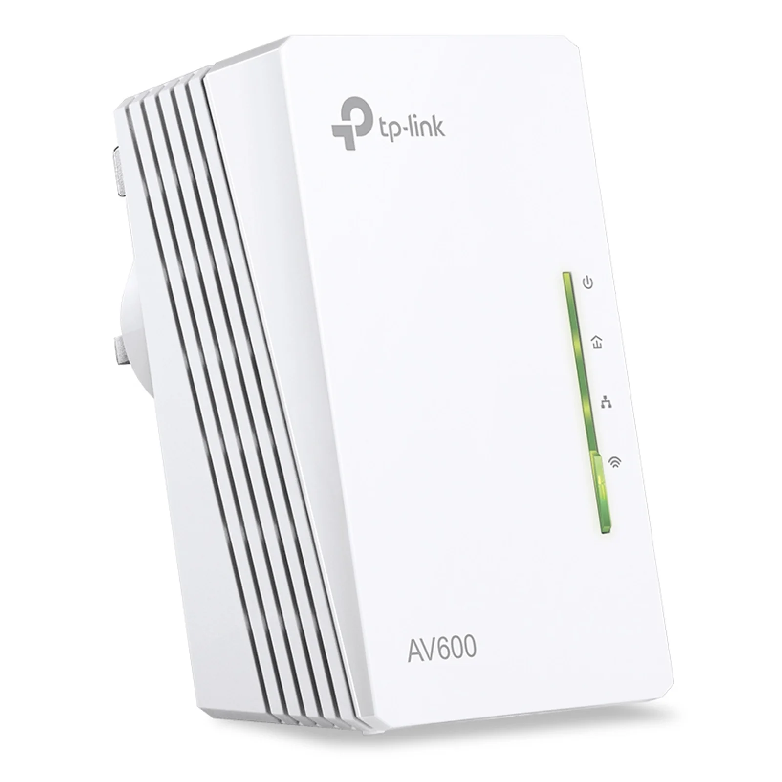 Vue de trois quarts gauche de l'adaptateur TP-Link TL-WPA4220 AV600, grilles de ventilation latérales et LEDs vertes allumées, marquage AV600, fiche UK