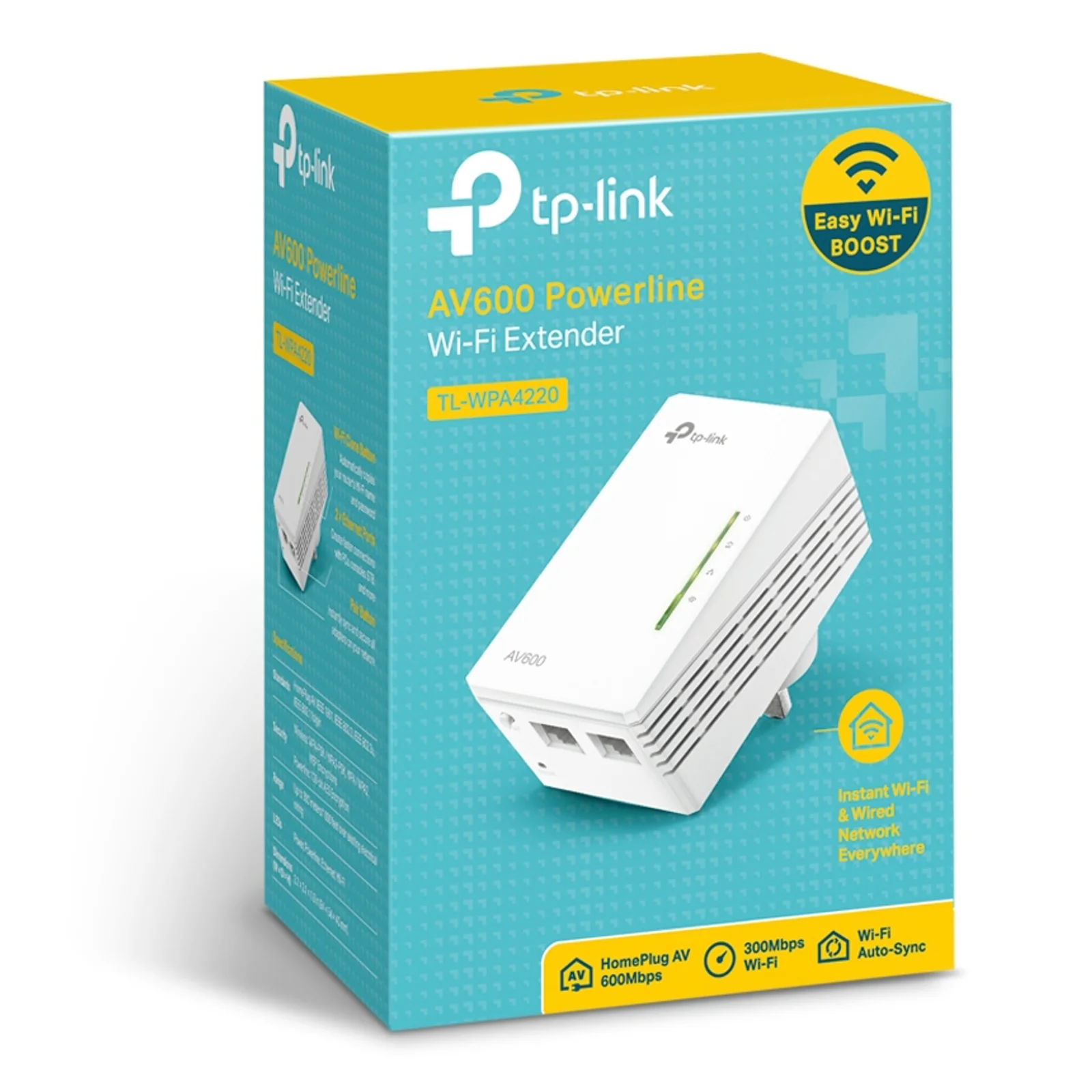 Boîte de vente au détail TP-Link TL-WPA4220, couleurs turquoise et jaune, libellé AV600 Powerline Wi-Fi Extender et pictogrammes HomePlug AV 600 Mbps, Wi-Fi Auto-Sync