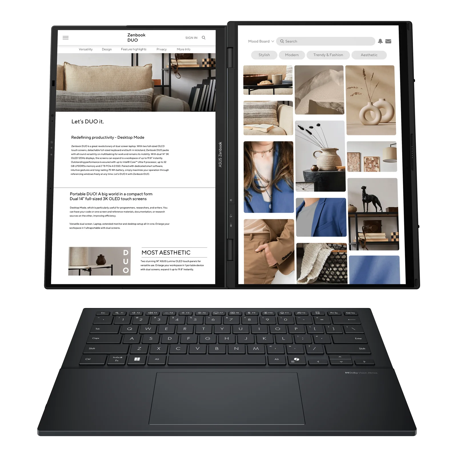 ASUS Zenbook Duo UX8406CA-PZ068X Intel Core Ultra 9 285H Hybride (2-en-1) 35,6 cm (14") Écran tactile 3K 32 Go LPDDR5x-SDRAM 2 To SSD Wi-Fi 7 (802.11be) Windows 11 Pro Allemand Gris