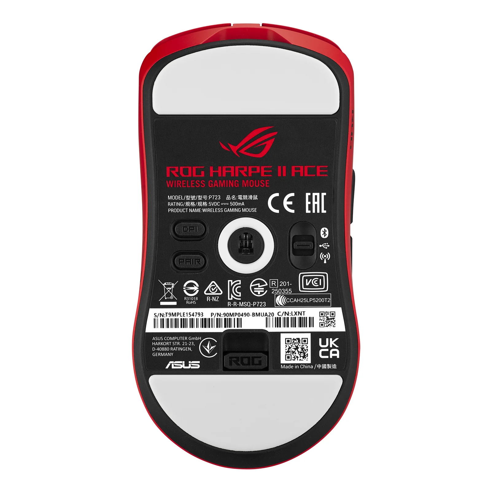 ASUS ROG Harpe II Ace RED souris Gaming Droitier RF Wireless + Bluetooth + USB Type-A Optique 42000 DPI