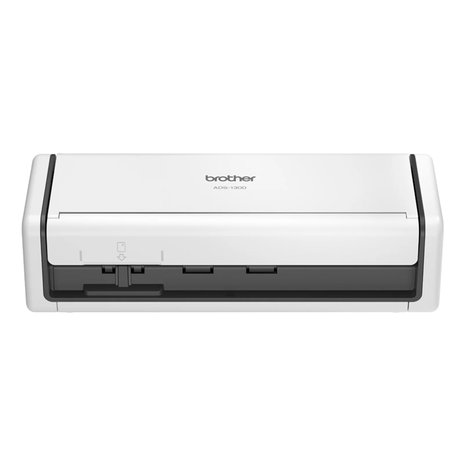 Brother ADS-1300 fermé sur un plan de travail, format compact comparé à un ordinateur portable