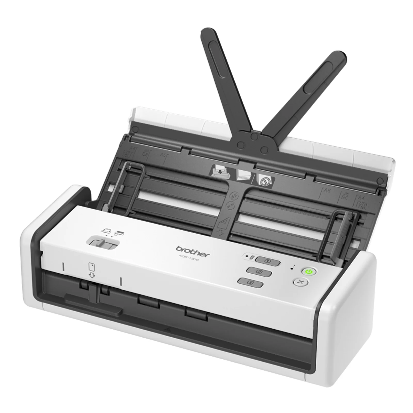 Brother ADS-1300 en utilisation bureau avec ordinateur portable affichant l'application de numérisation