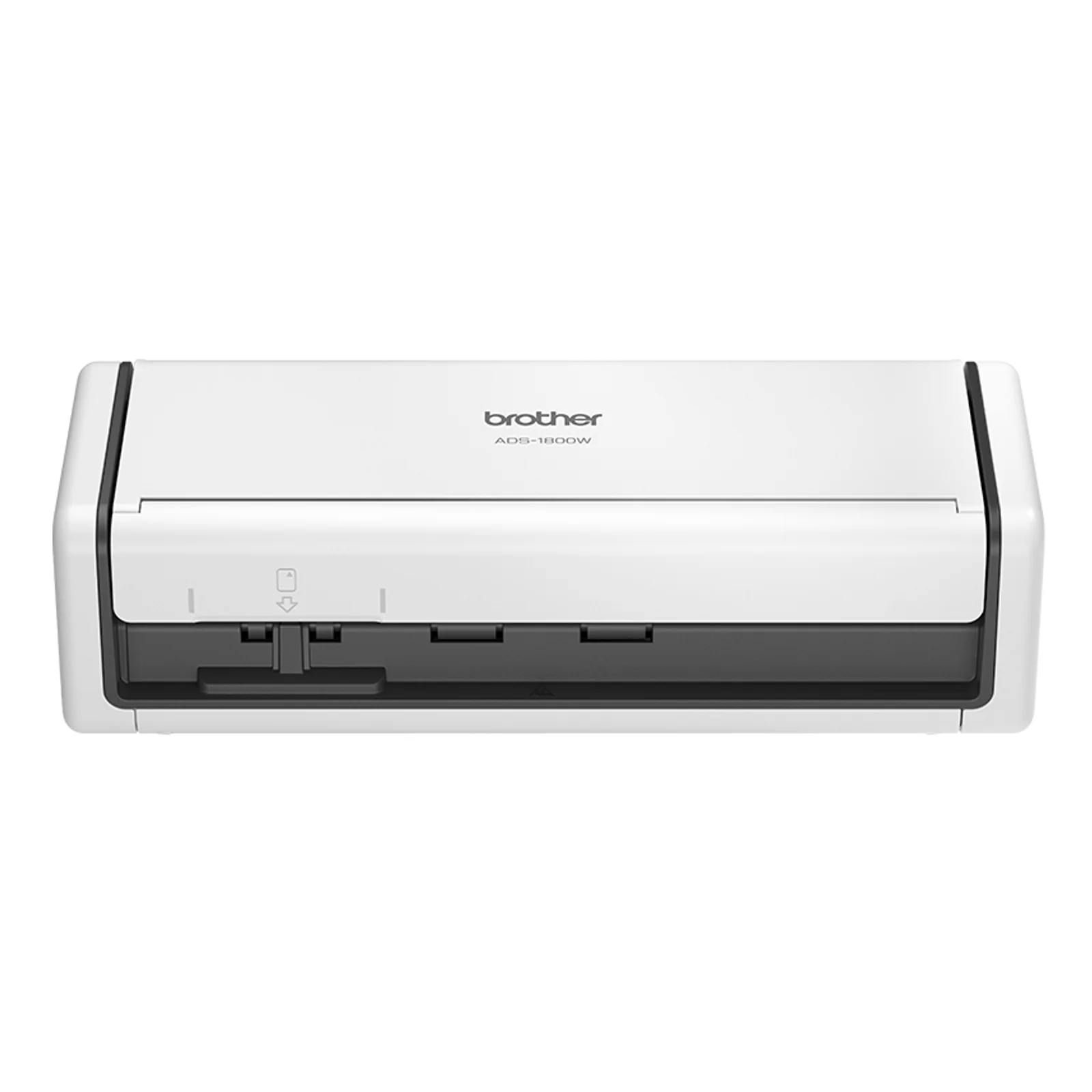 Vue de face du scanner Brother ADS-1800W fermé en blanc, bandeau gris sous le logo Brother avec repères de chargement