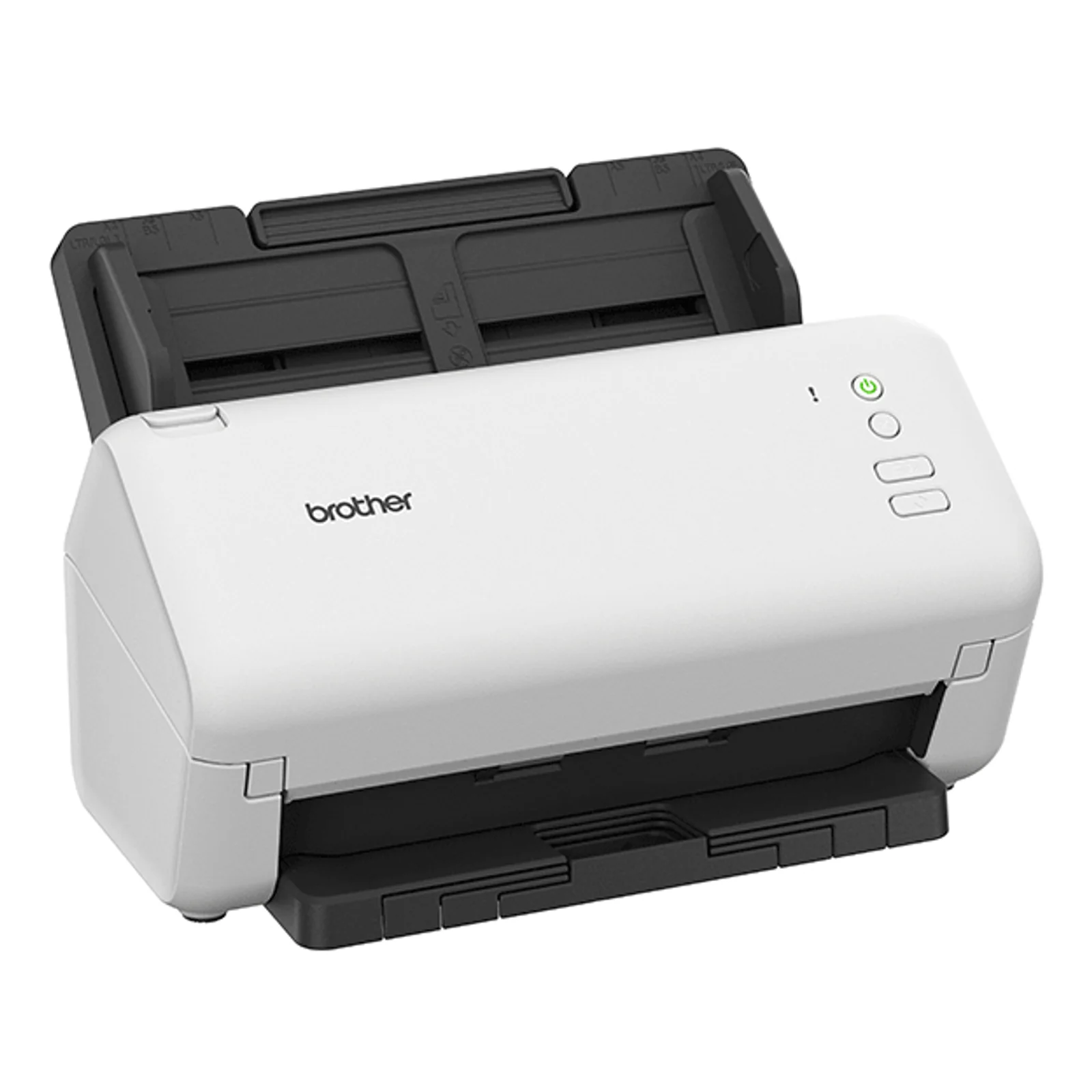 Scanner Brother ADS-4100 vue trois quarts avec chargeur automatique de documents ouvert et guides papier déployés