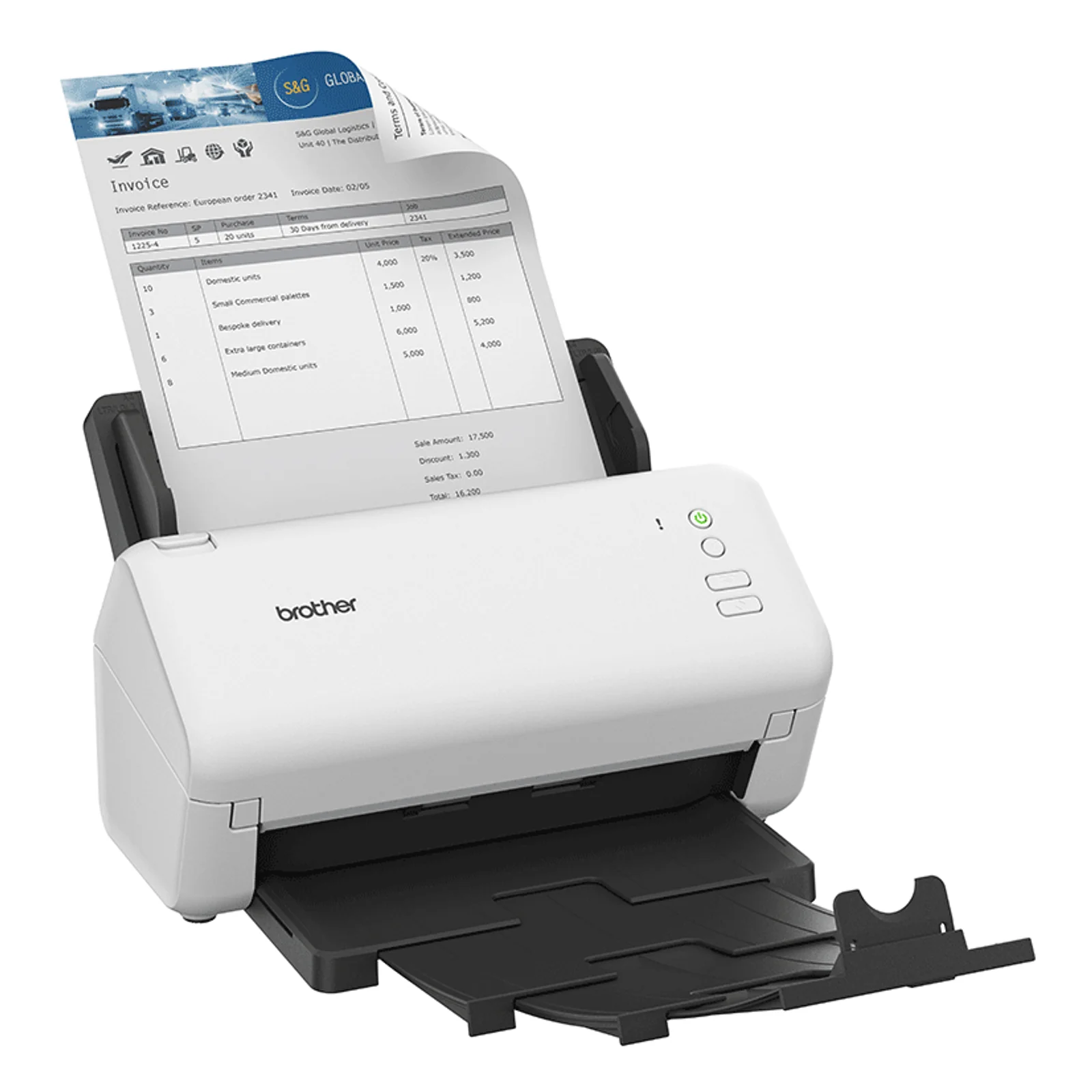 Scanner ADS-4100 vue trois quarts avec document en cours de numérisation et bac de réception entièrement déployé