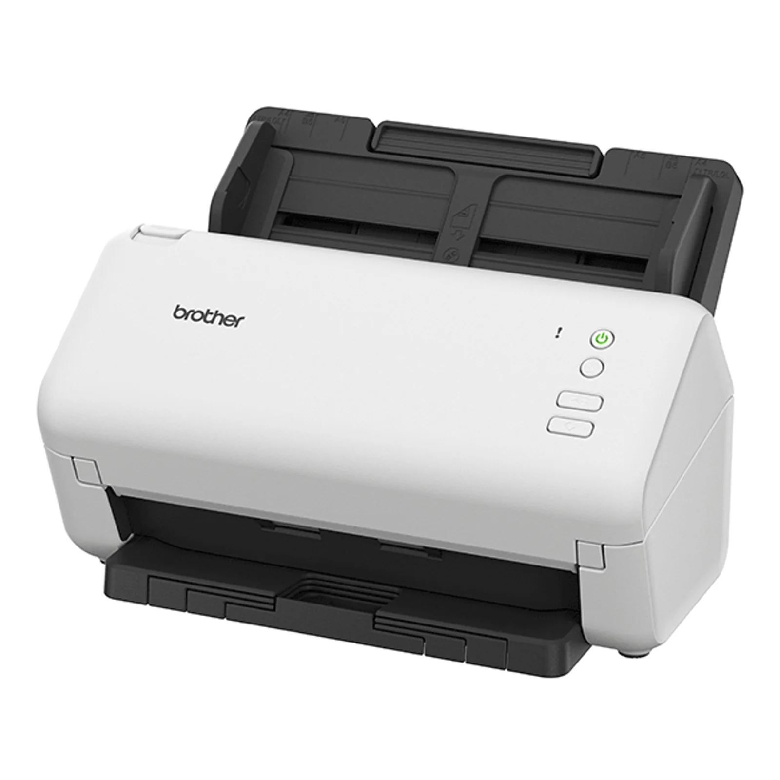 Scanner Brother ADS-4100 vu en perspective trois quarts avec chargeur ADF déployé et logo Brother visible