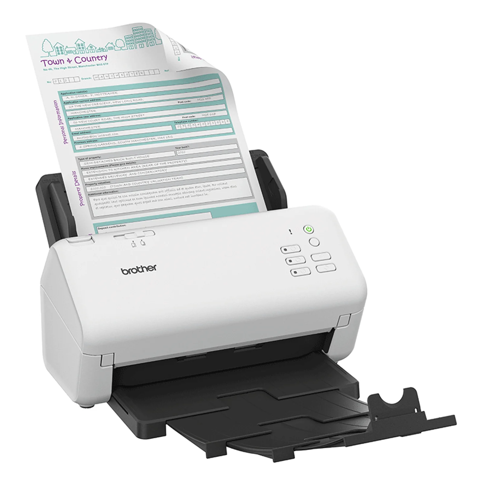 Vue de trois quarts du scanner Brother ADS-4300N avec ADF en charge et bac de sortie déplié vers l'avant