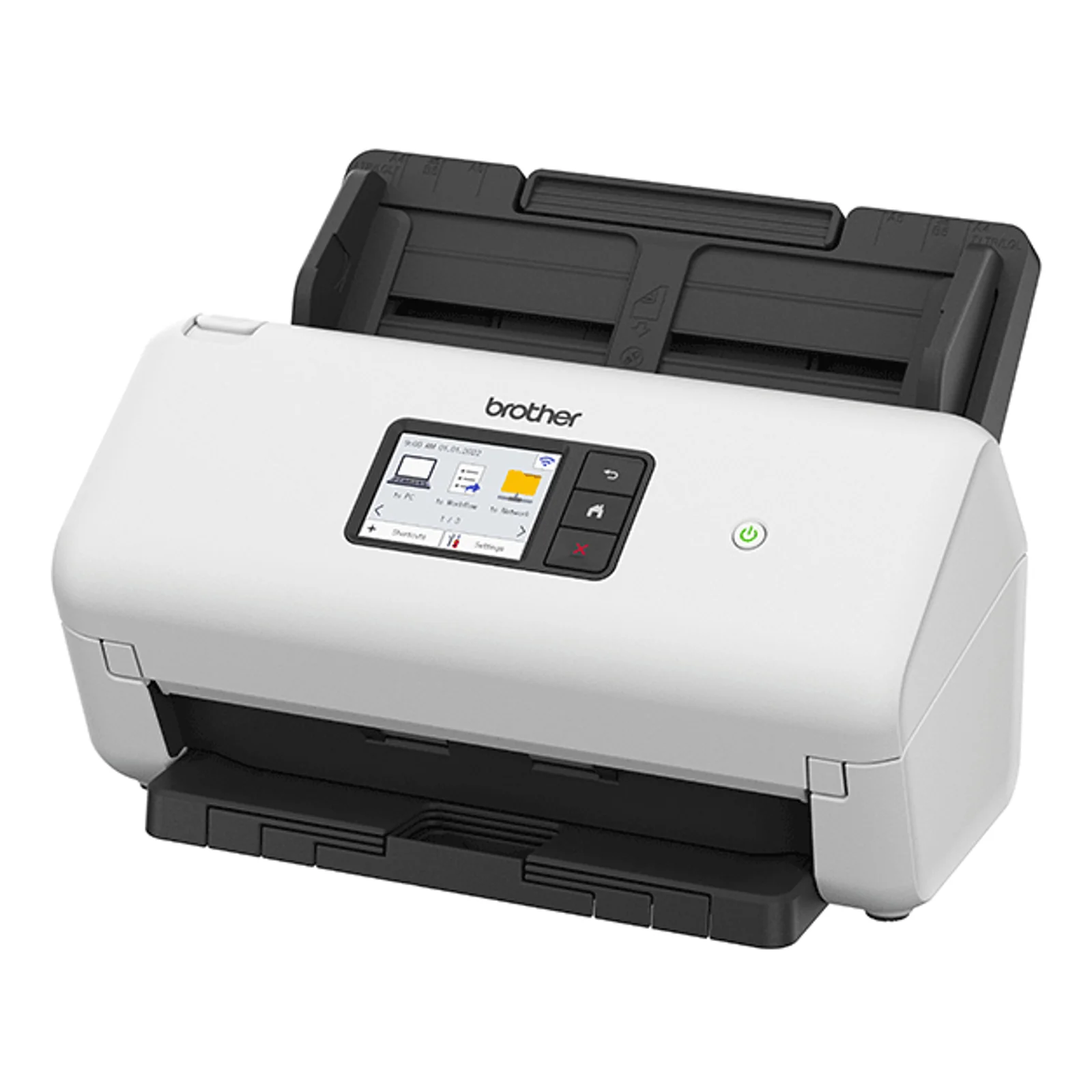 Scanner Brother ADS-4550W blanc vu de trois quarts avec bac chargeur ouvert et écran tactile actif