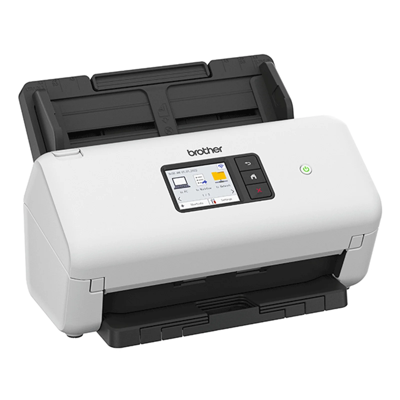 Scanner Brother ADS-4550W blanc vu de trois quarts capot fermé avec écran tactile et bouton d'alimentation vert