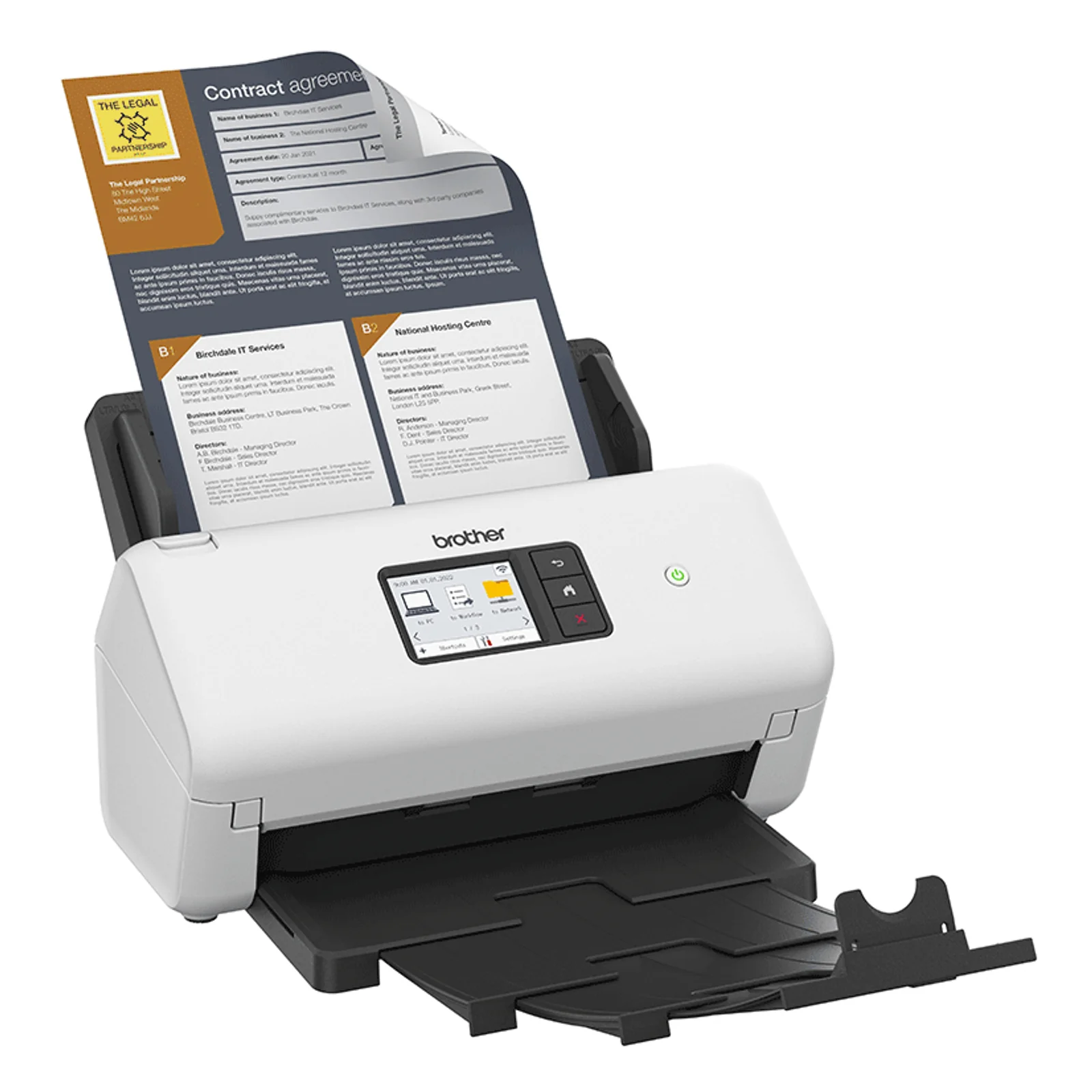 Scanner Brother ADS-4550W blanc vu de trois quarts avec contrat juridique chargé dans bac ADF et bac de sortie déployé