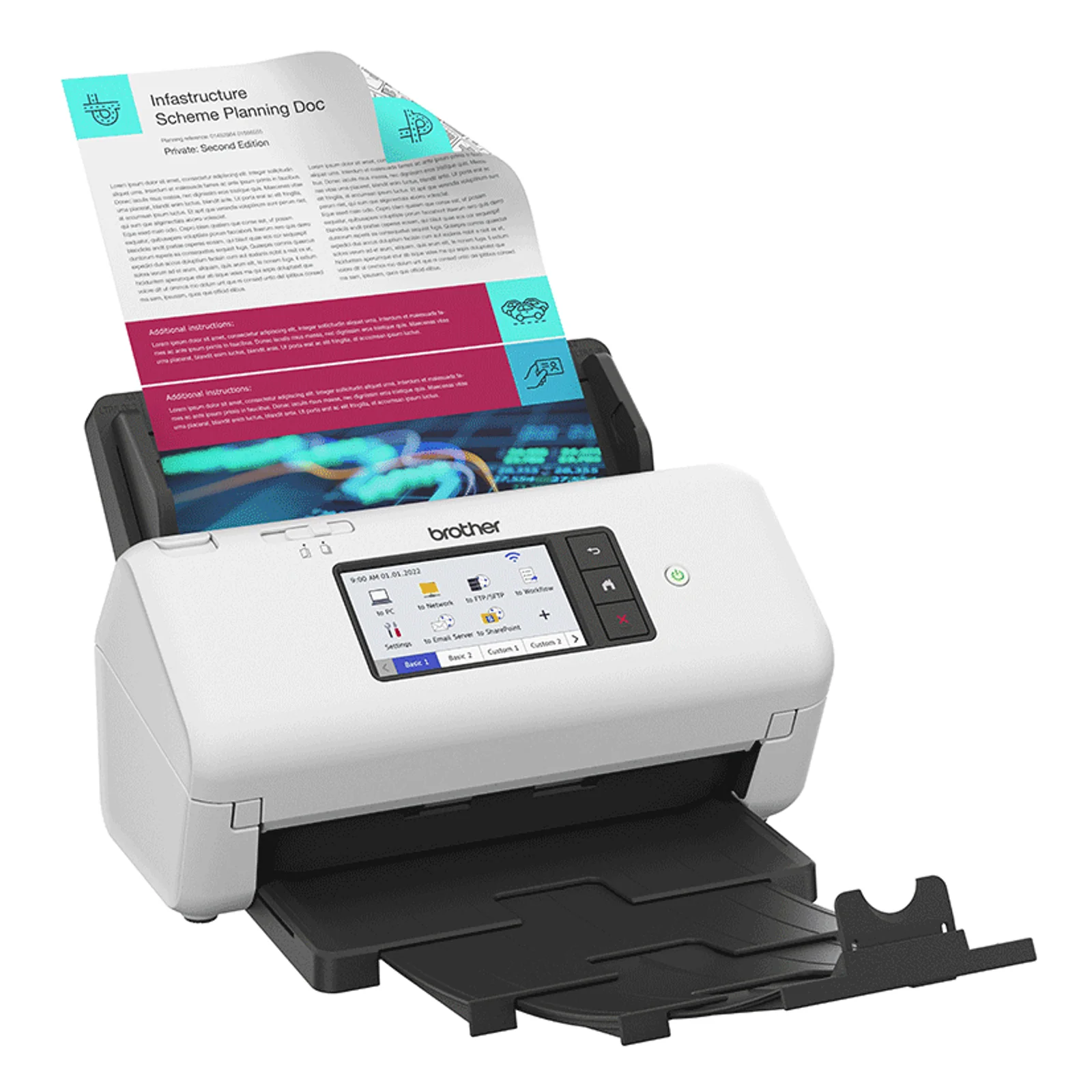 Vue trois quarts du scanner Brother avec page chargée et bac de sortie déployé