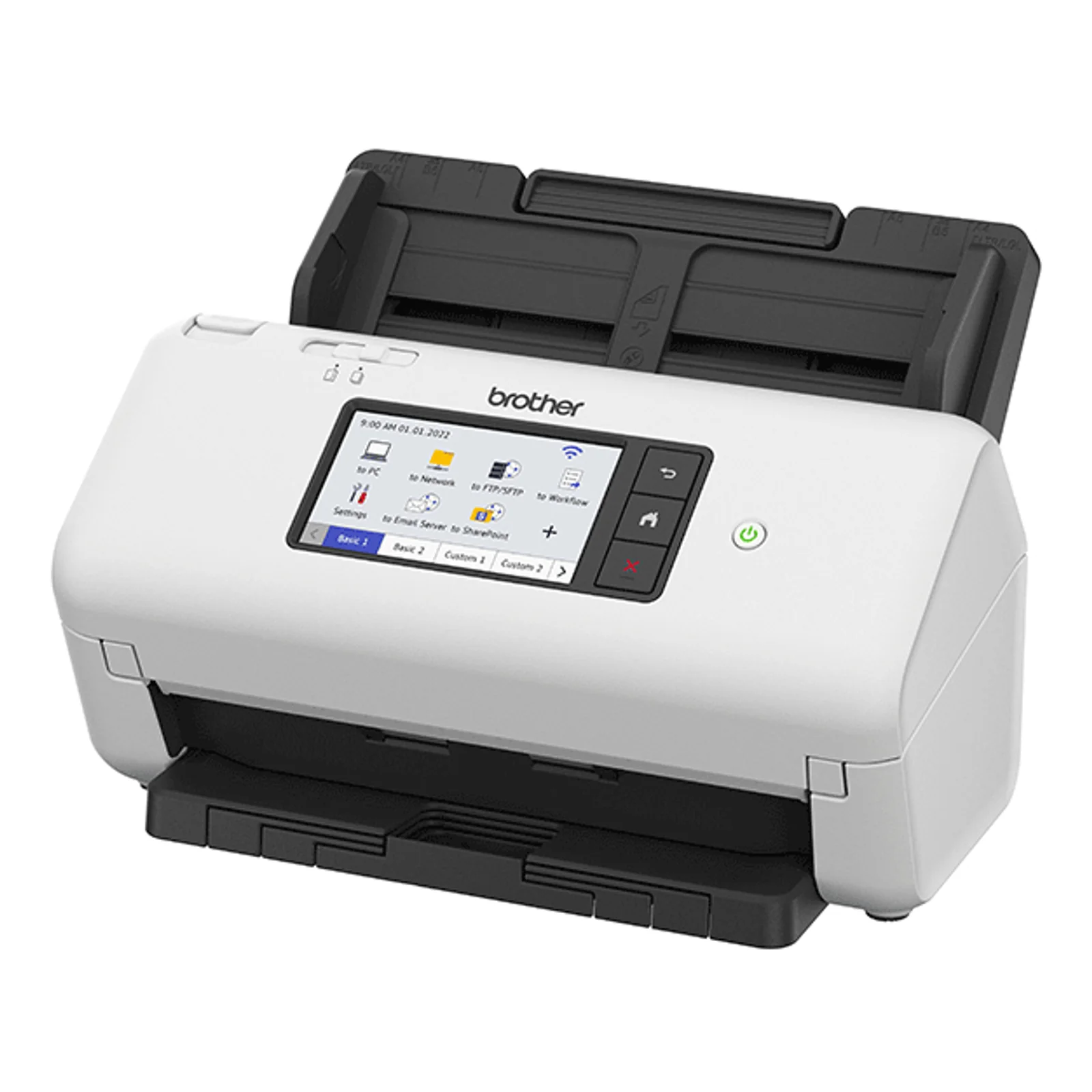 Scanner Brother ADS-4700W posé sur un meuble blanc, ADF vide, écran tactile couleur visible