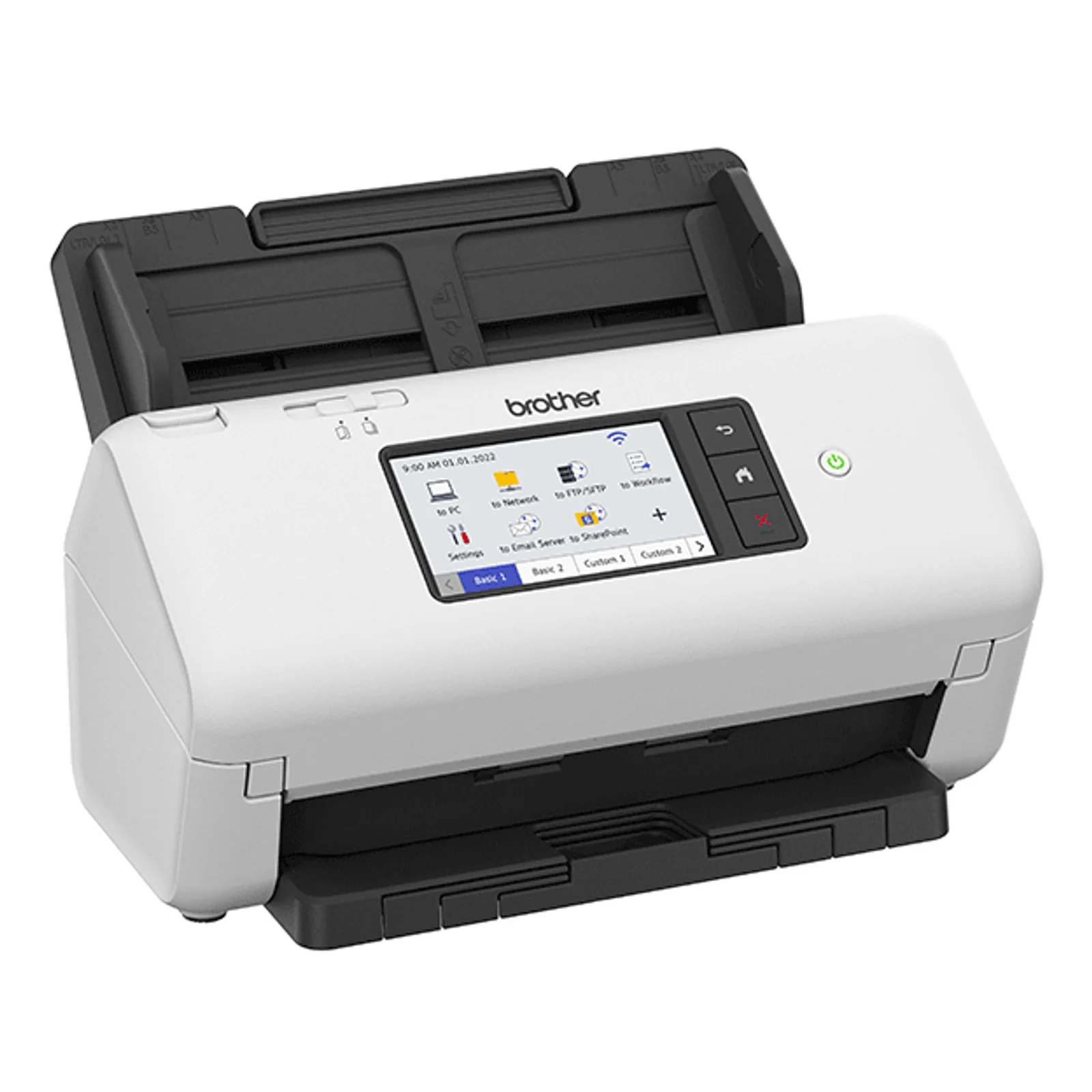 Scanner Brother ADS-4700W en perspective avec ADF noir ouvert et écran tactile allumé