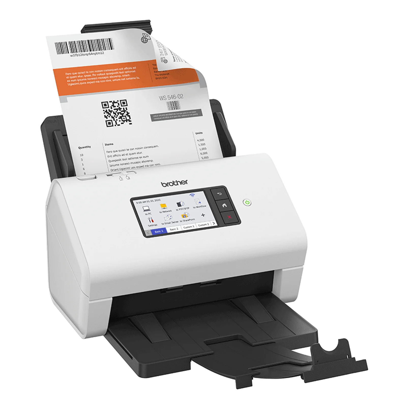 Vue de trois quarts du scanner Brother ADS-4900W avec document chargé dans l'ADF et plateau de réception déployé à l'avant