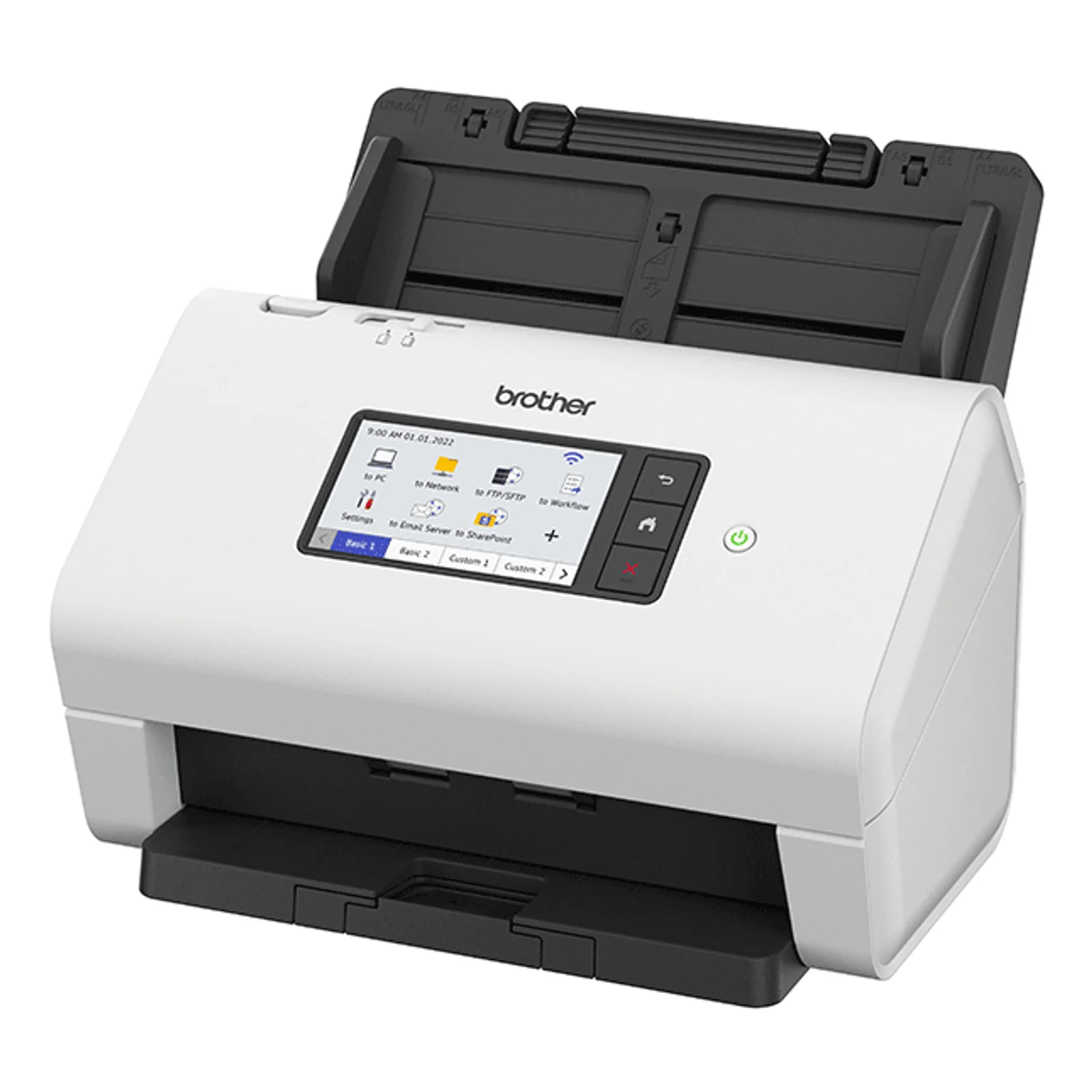 Scanner Brother ADS-4900W vu de trois quarts avec bac d'alimentation noir déplié vers le haut et écran tactile éclairé