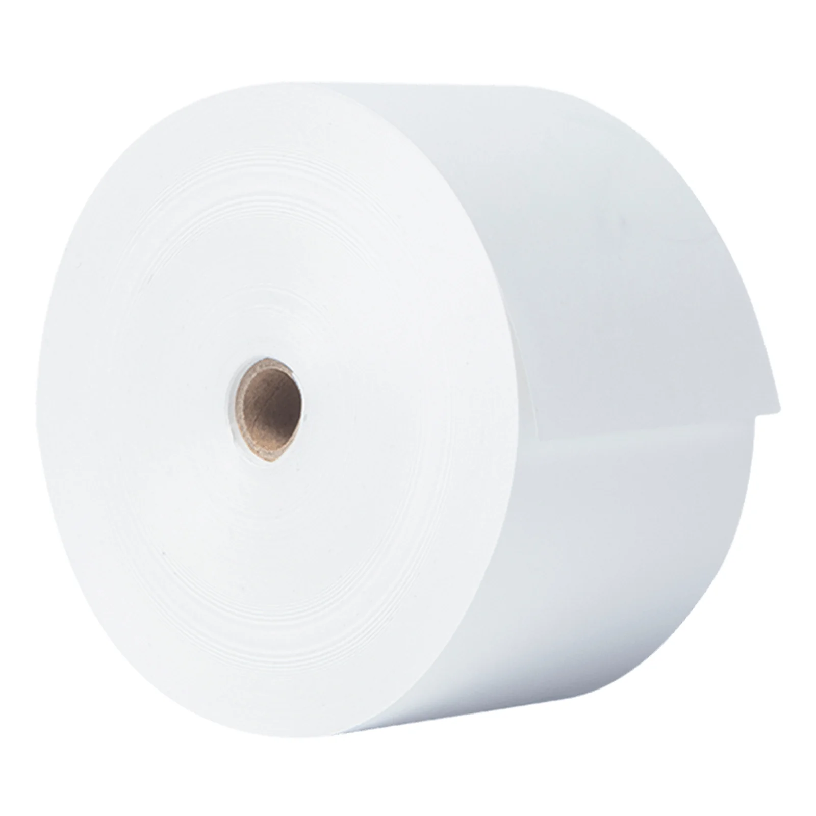 Rouleau de papier thermique blanc vu de profil avec côté gauche apparent