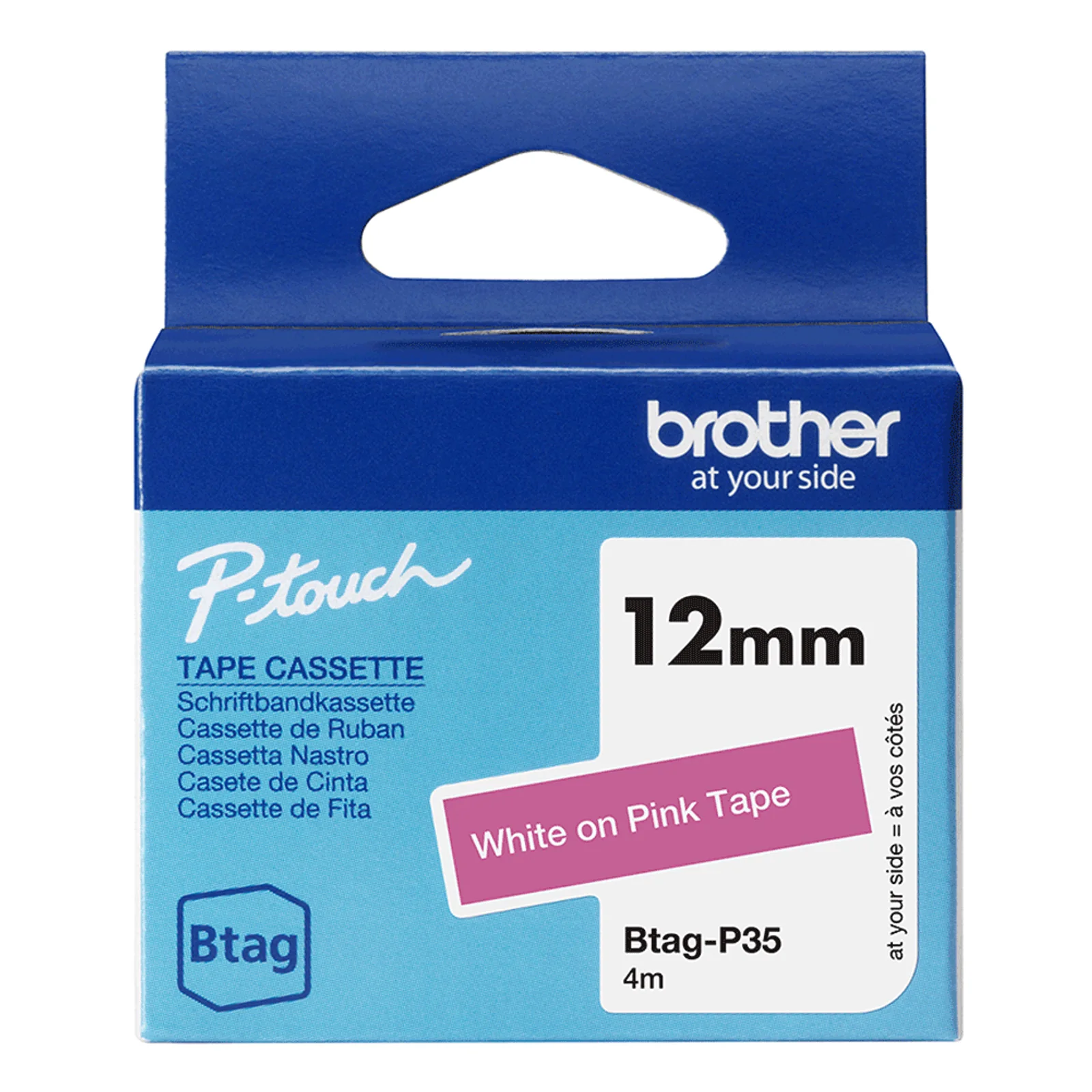 BTAG-P35 ruban étiquettes 12 mm blanc sur rose