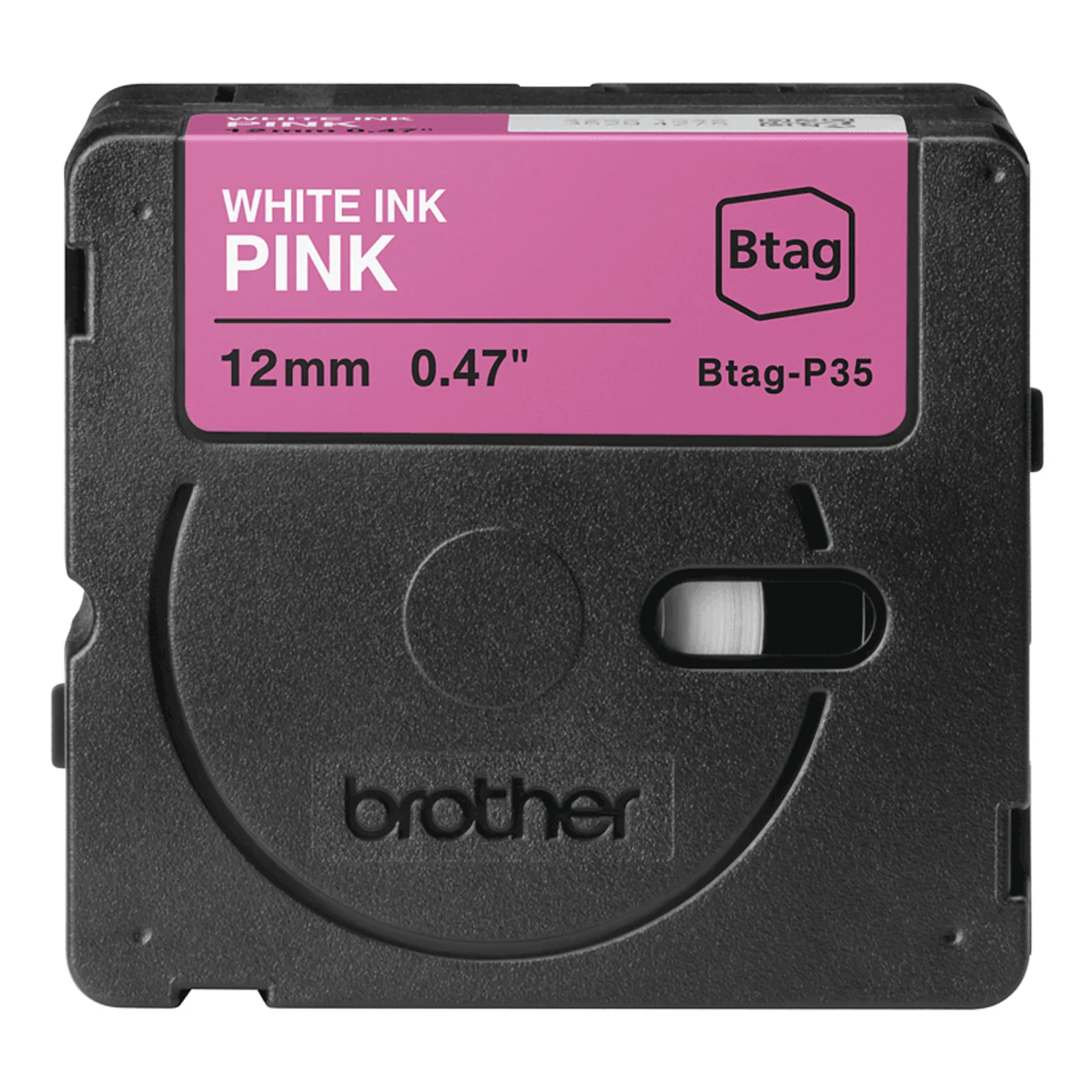 Cassette plastique noire Brother BTAG-P35 avec étiquette rose 'White ink Pink' et marquage 12 mm 0,47 pouce