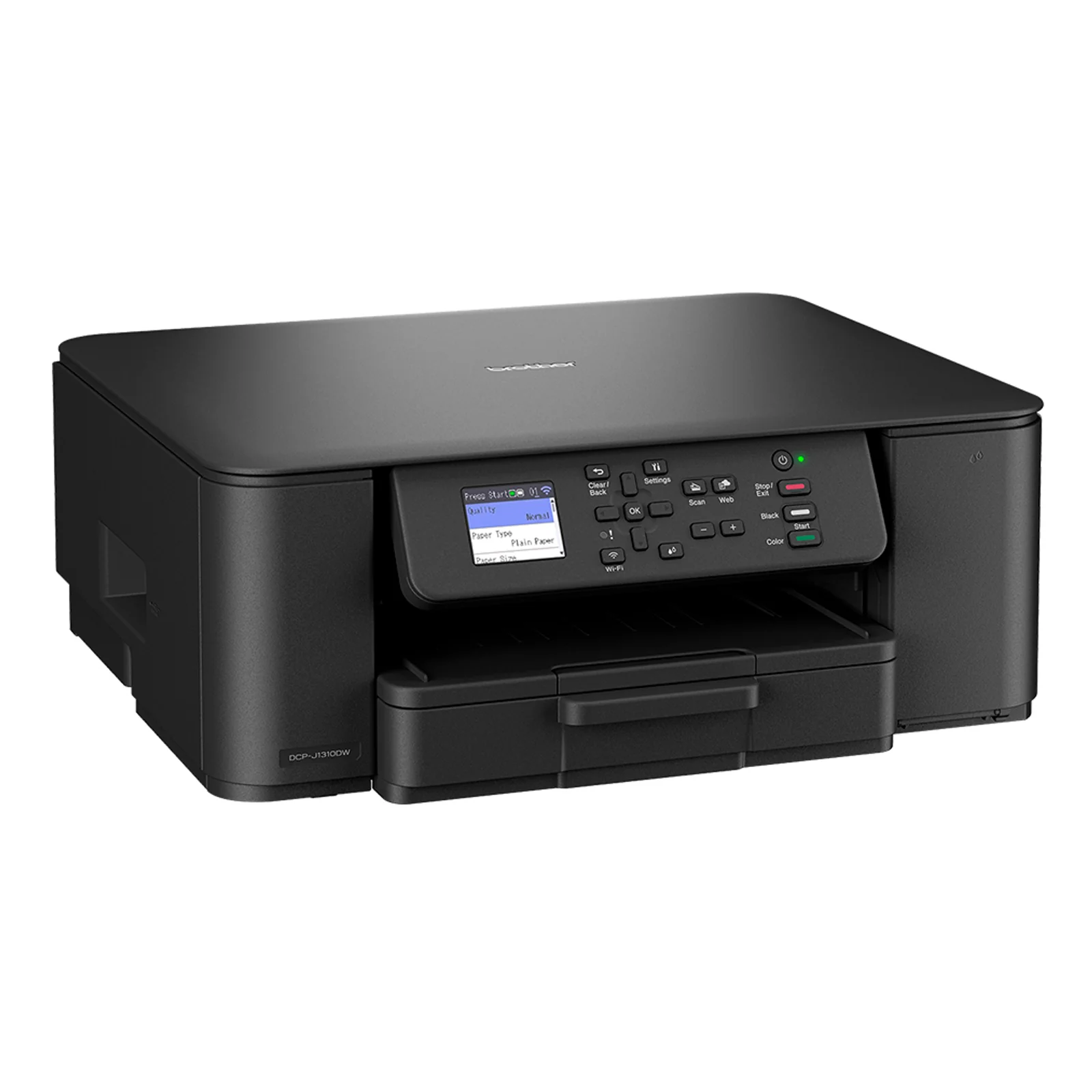 Imprimante Brother DCP-J1310DW en vue trois quarts montrant la trappe d'accès aux cartouches sur le côté droit