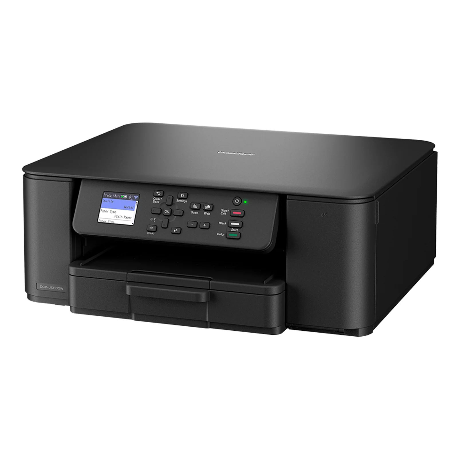 Vue rapprochée du panneau de commande Brother DCP-J1310DW avec touches Wi-Fi scan web et touches couleur