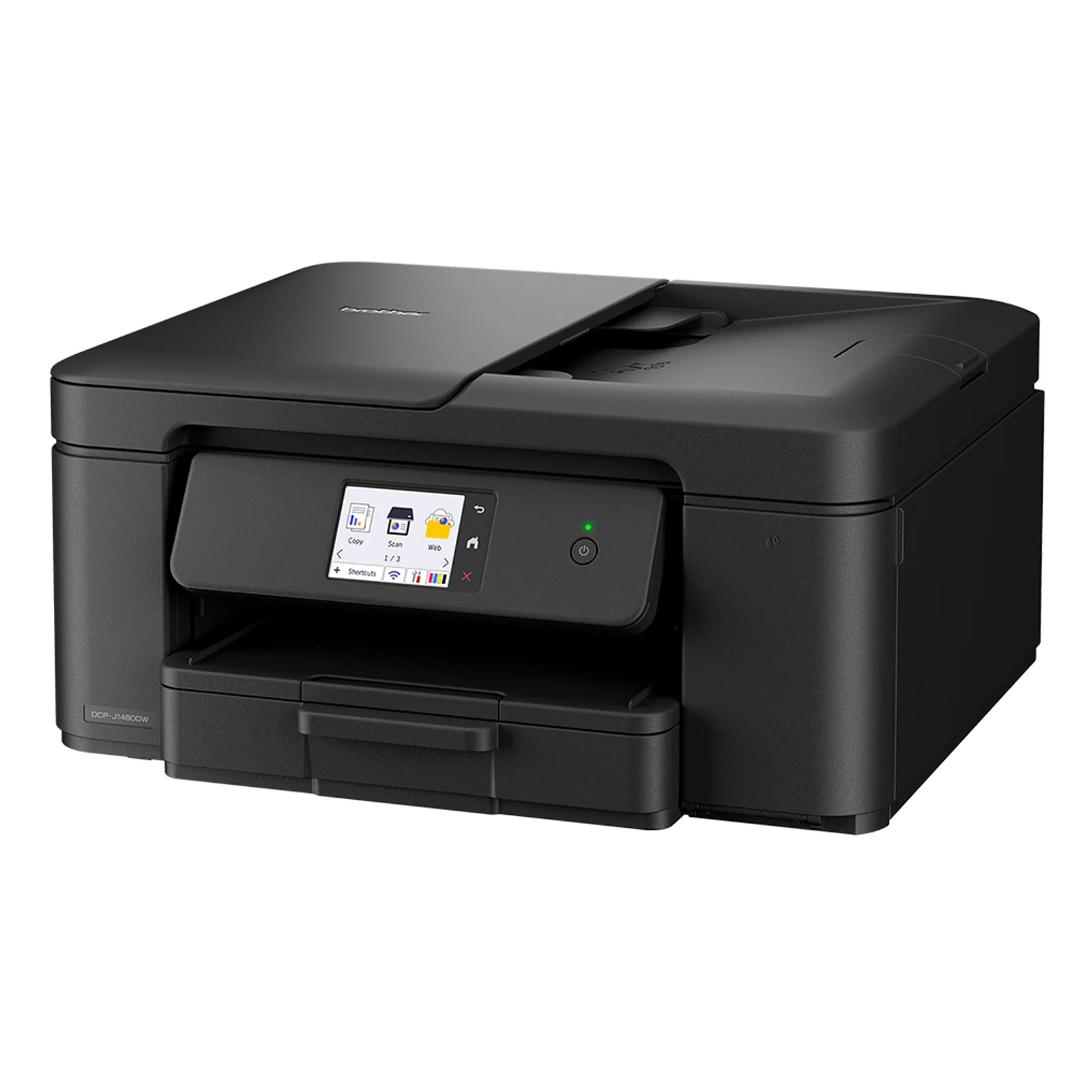 Imprimante Brother DCP-J1460DW vue arrière avec porte d'accès recto verso et trappe de sortie papier
