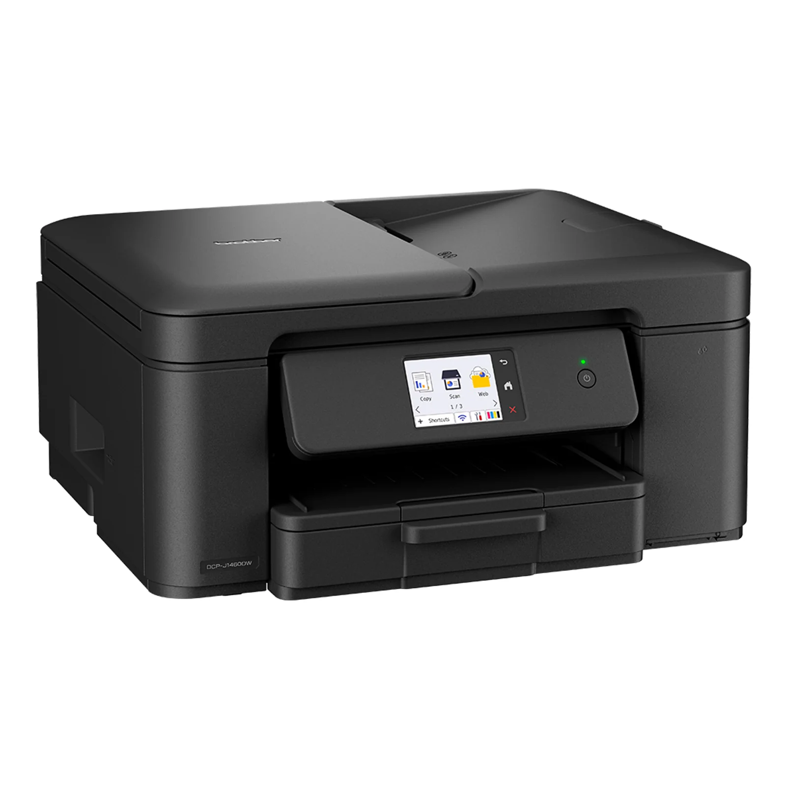 Vue plongeante du chargeur automatique de documents Brother DCP-J1460DW avec une pile de documents A4