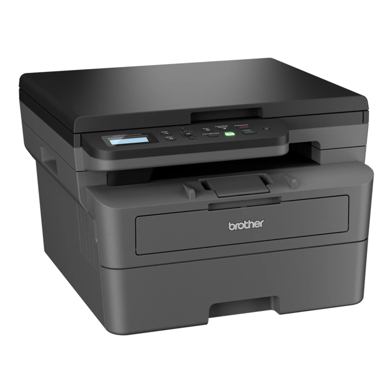 Vue trois quarts du DCP-L2627DWXL noir avec scanner à plat fermé, panneau de commande à boutons et bac papier