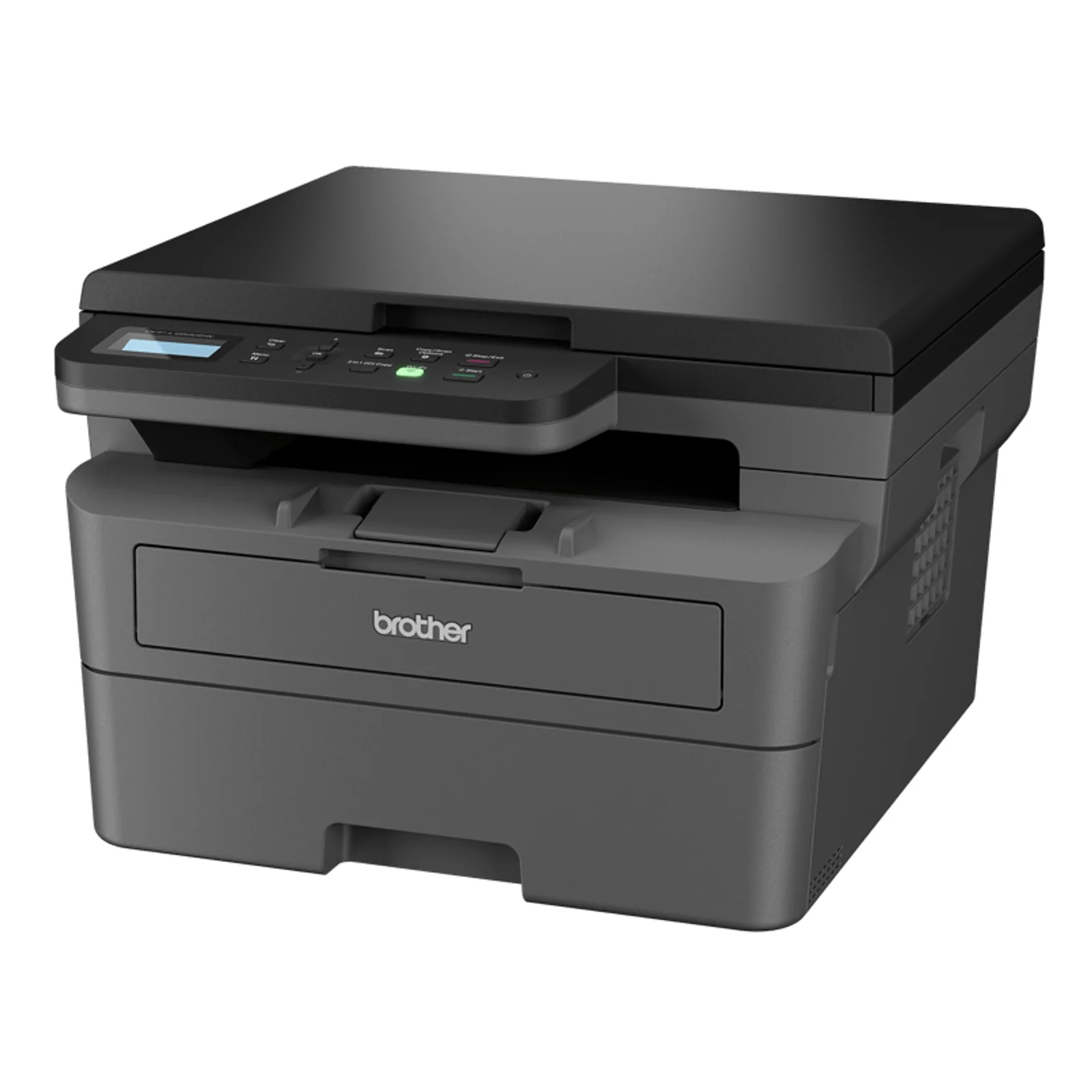 Vue trois quarts arrière du DCP-L2627DWXL noir avec aération latérale, scanner à plat et bac papier 250 feuilles