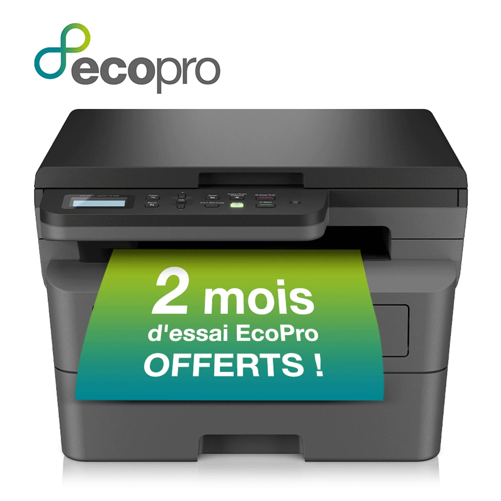 DCP-L2627DWXL noir avec bandeau vert et 2 mois d'essai EcoPro offerts en sortie papier et logo EcoPro en haut