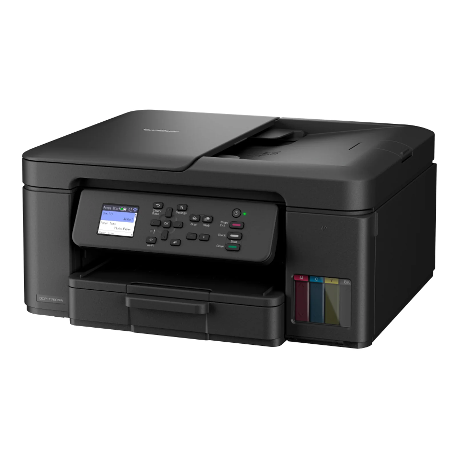 Imprimante Brother DCP-T780DW en vue trois quarts montrant l'écran monochrome et le bloc de réservoirs latéraux