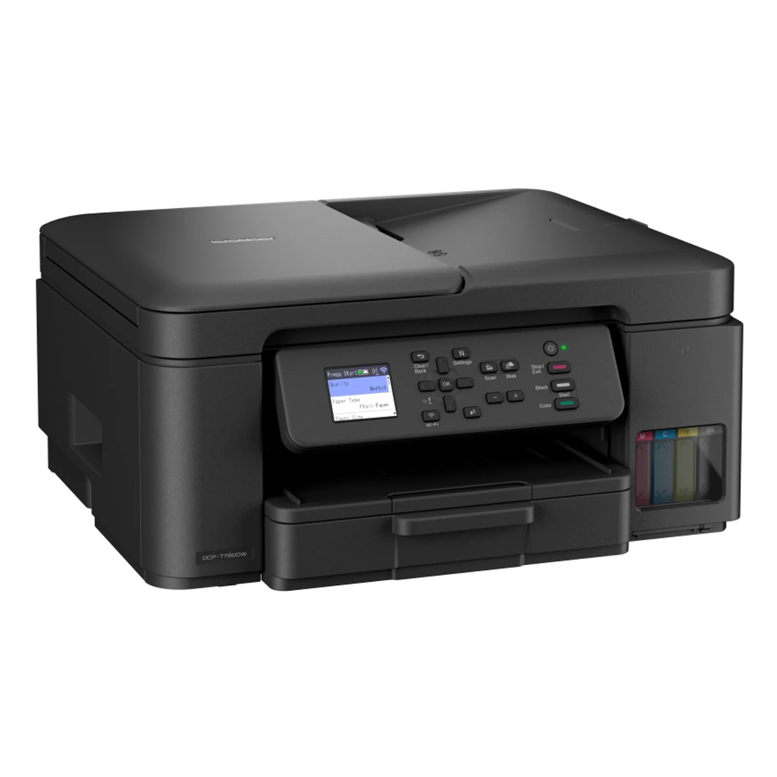Imprimante Brother DCP-T780DW vue trois quarts opposée avec couvercle scanner et trappe d'accès