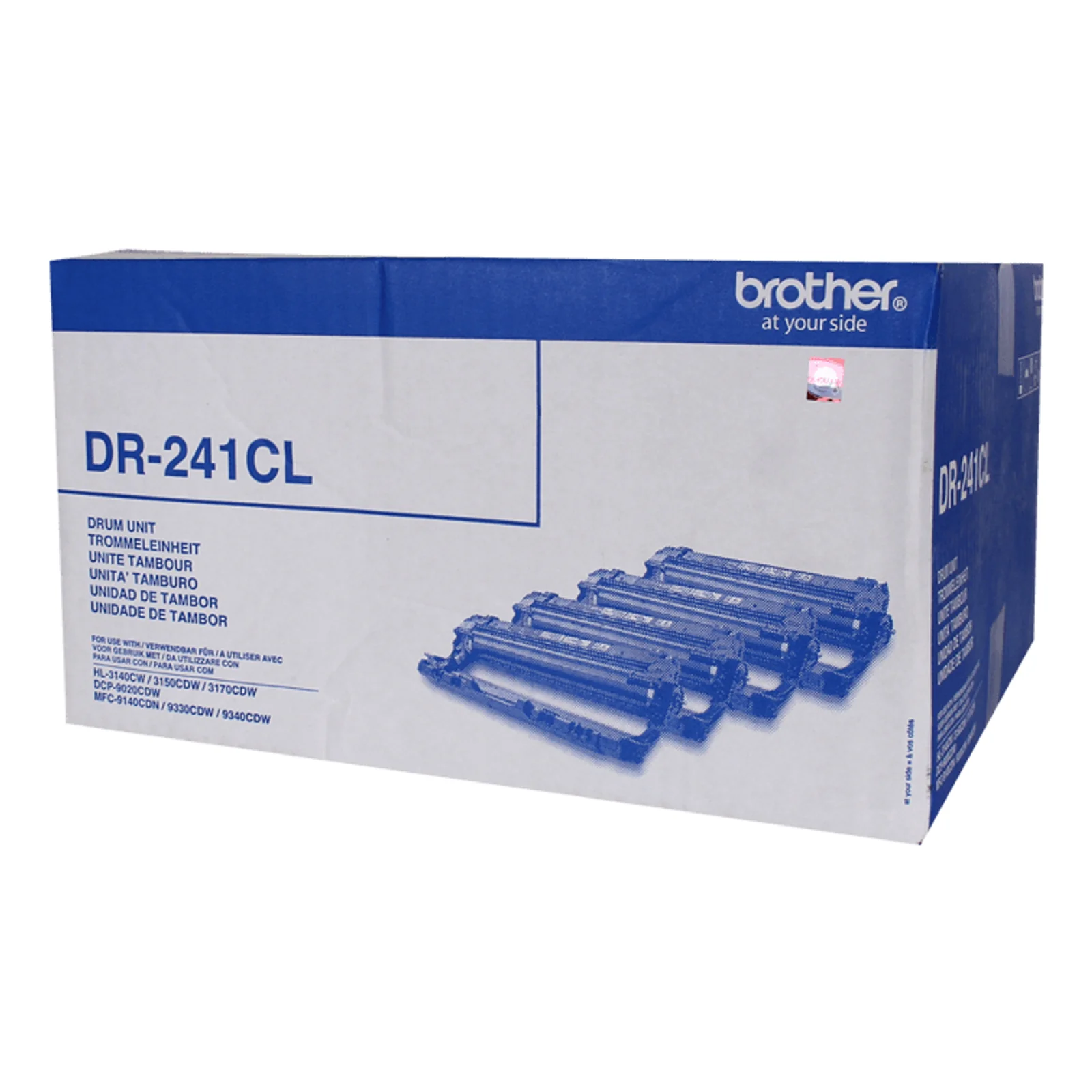 Boîte carton Brother DR-241CL fermée vue de trois-quarts avec liste des modèles compatibles