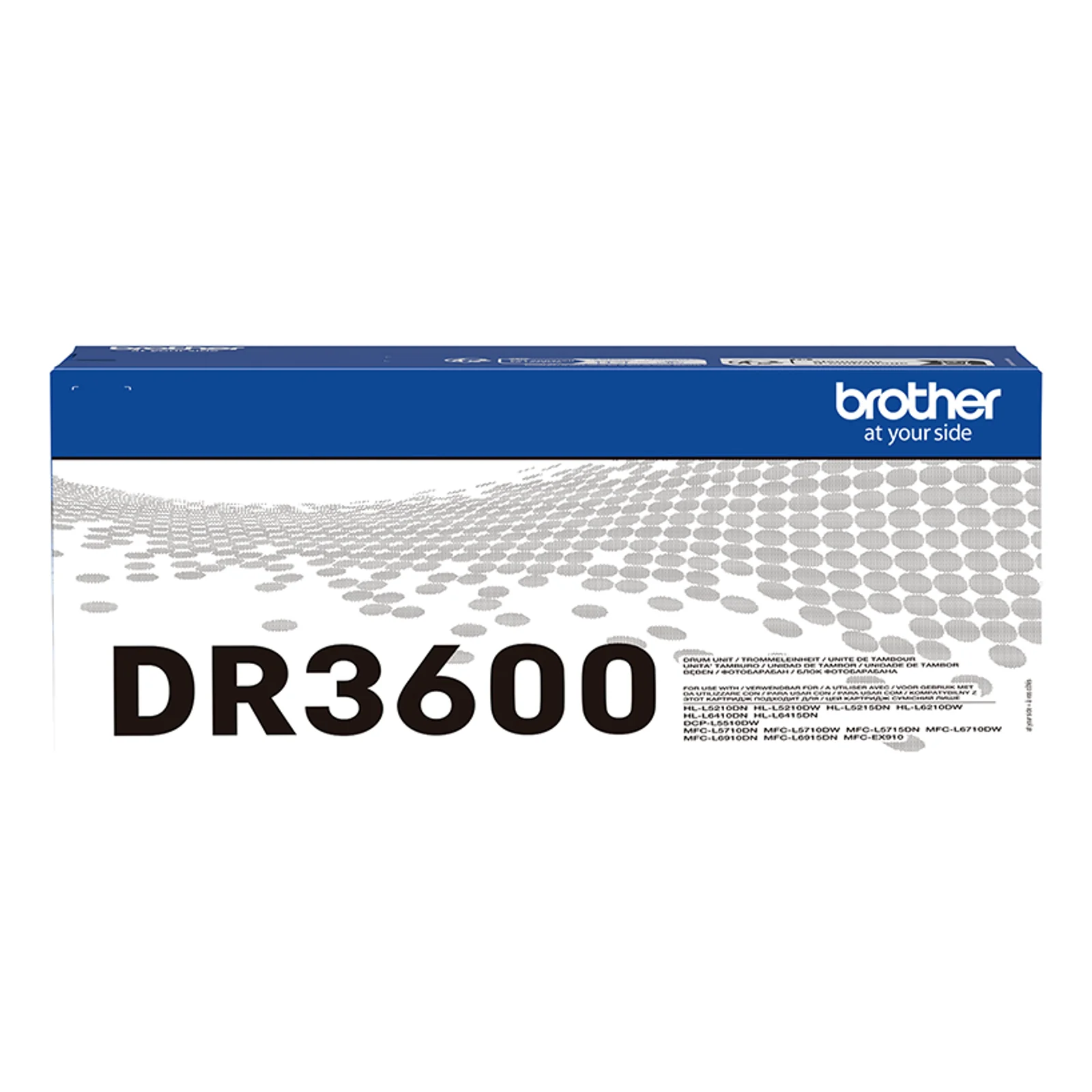 Boîte bleue Brother DR3600 vue de face avec motif graphique en dégradé