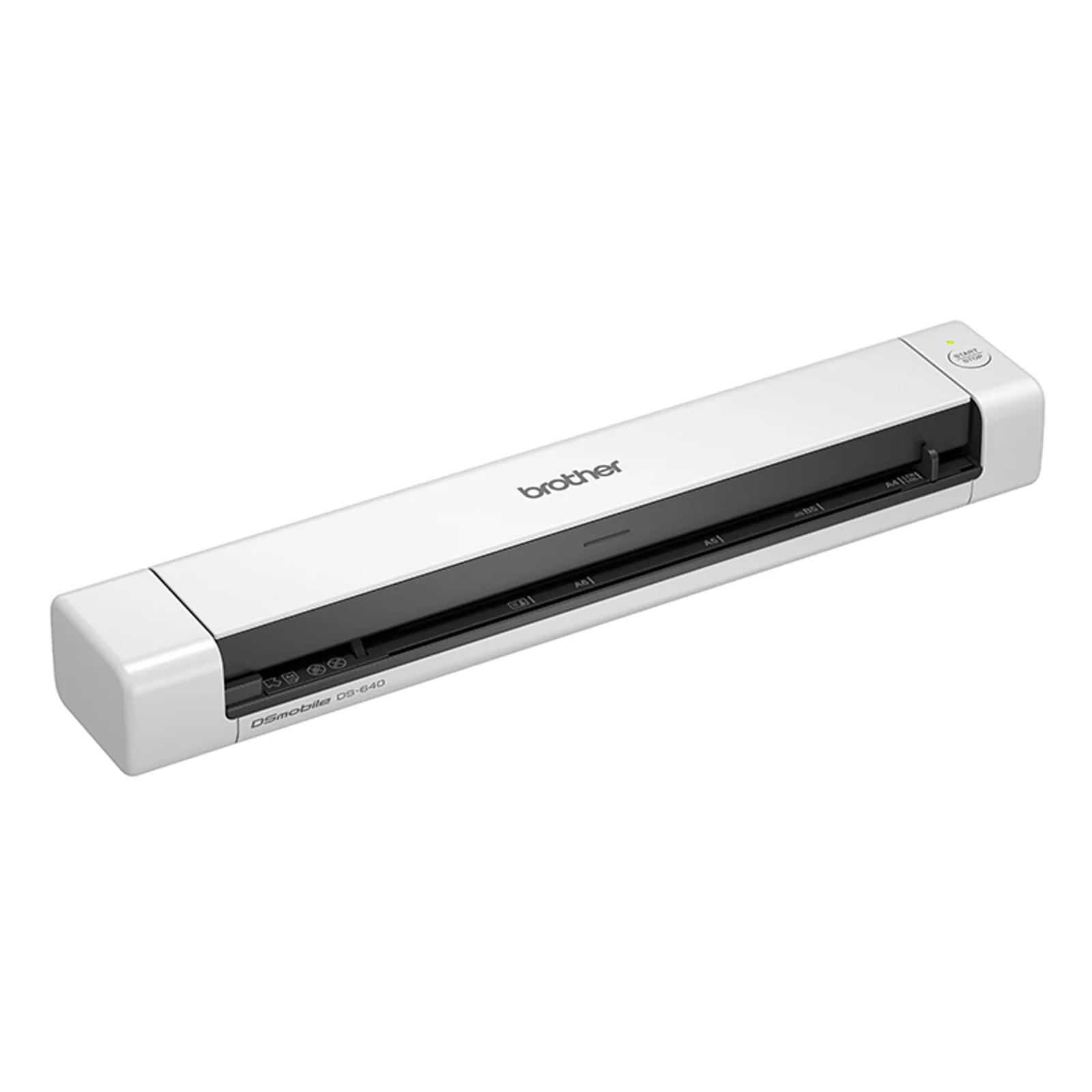 Brother DSmobile DS-640 blanc vu de trois quarts avec bouton START STOP, logo Brother et repères de format A4 à A8