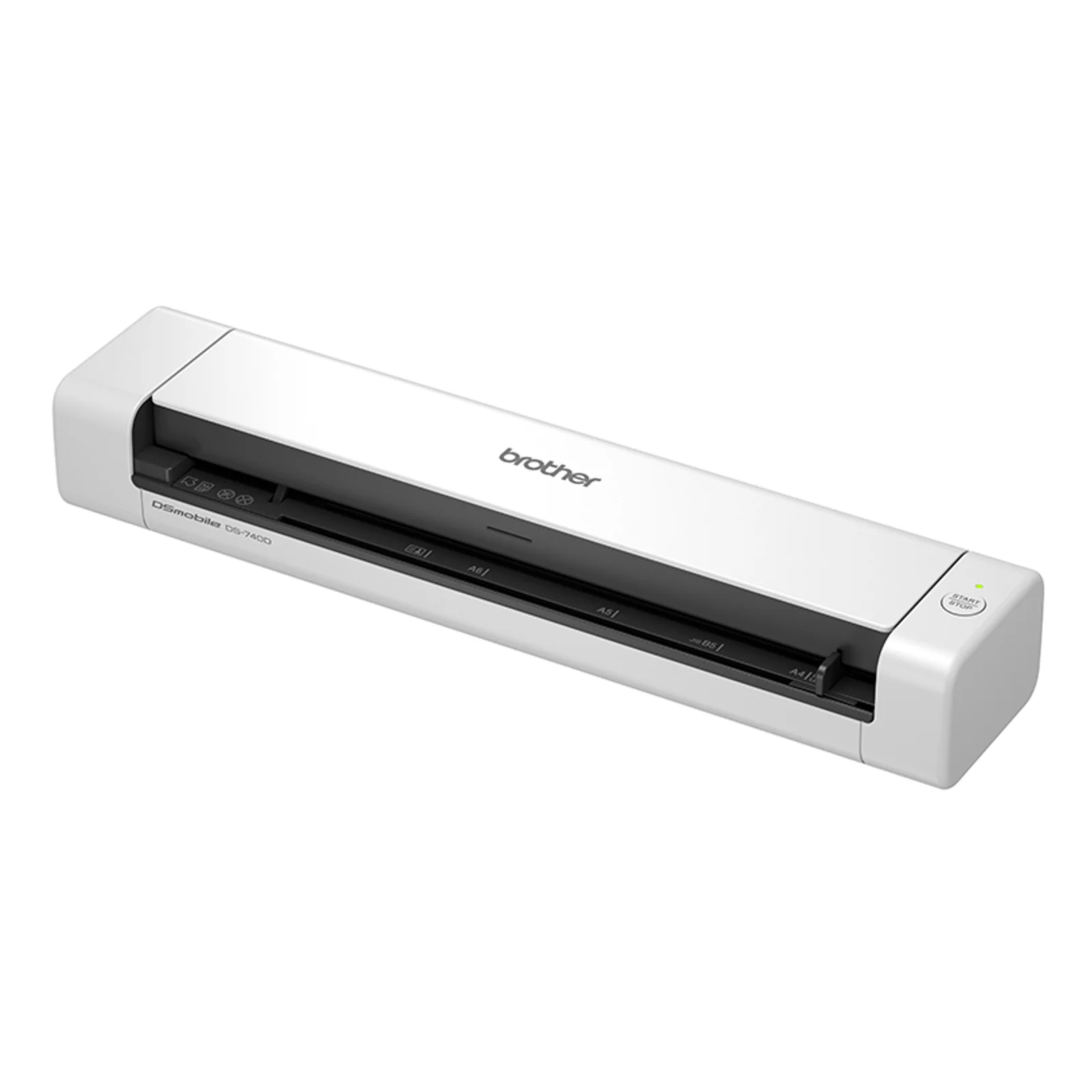 Scanner Brother DS-740D vu de côté pour illustrer le profil compact et fin du boîtier facilement transportable en sacoche