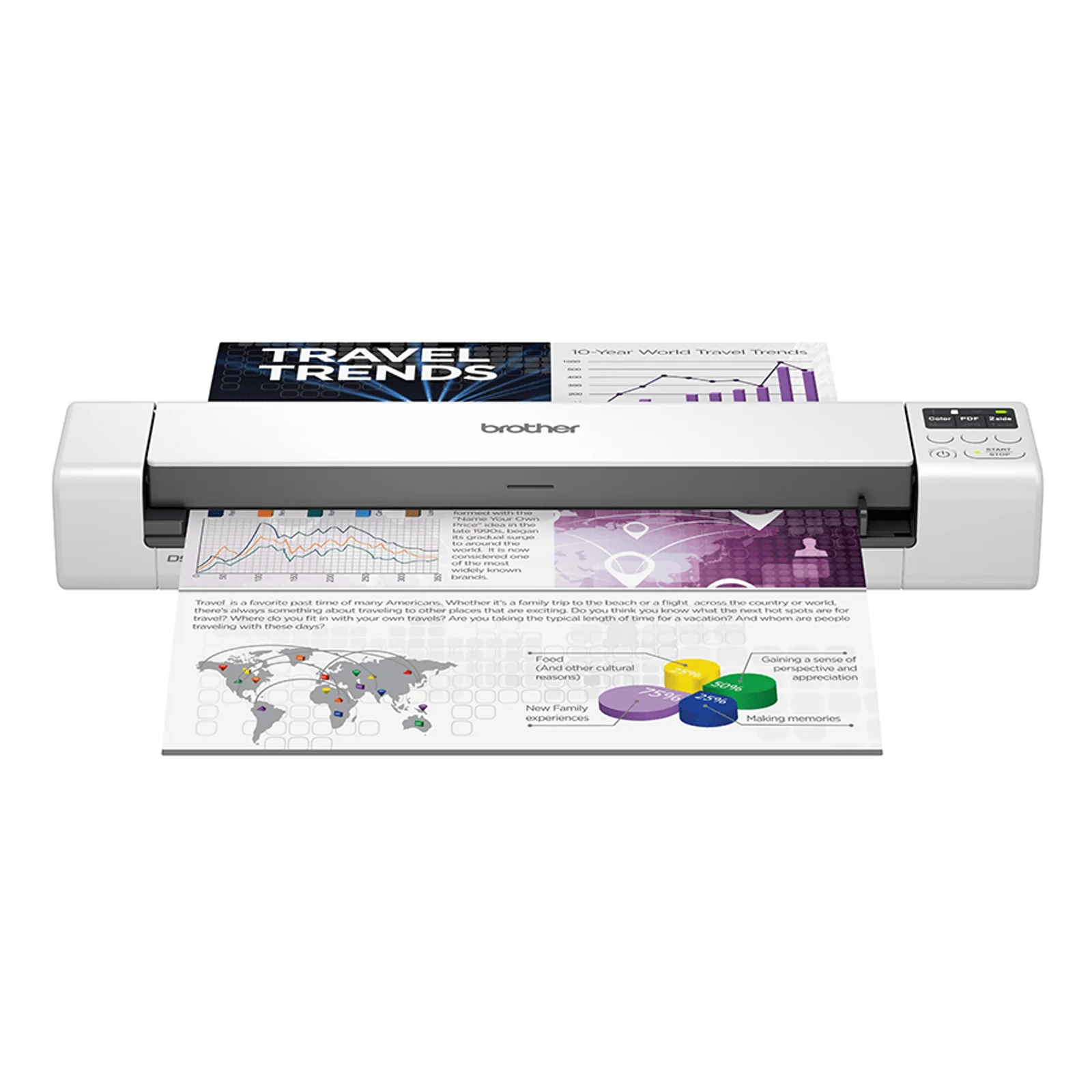 Brother DS-940DW de face avec document Travel Trends sortant à l'arrière et page imprimée sortant à l'avant