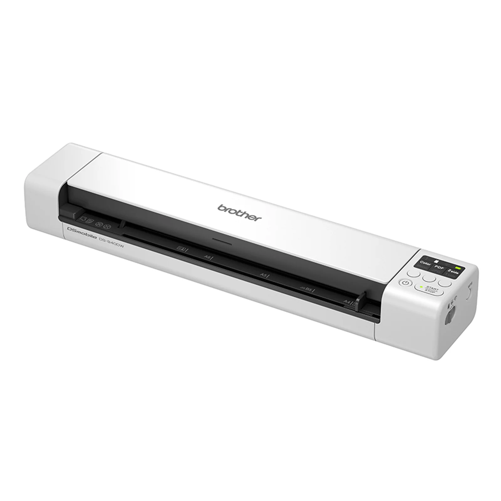 Vue trois quarts du scanner Brother DSmobile DS-940DW blanc avec fente d'alimentation A4 et touches Color, PDF, 2 side