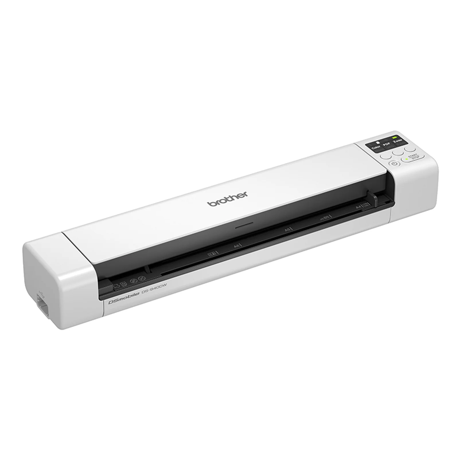 Brother DS-940DW vu de trois quarts arrière, fente de sortie ouverte, panneau de commandes à droite