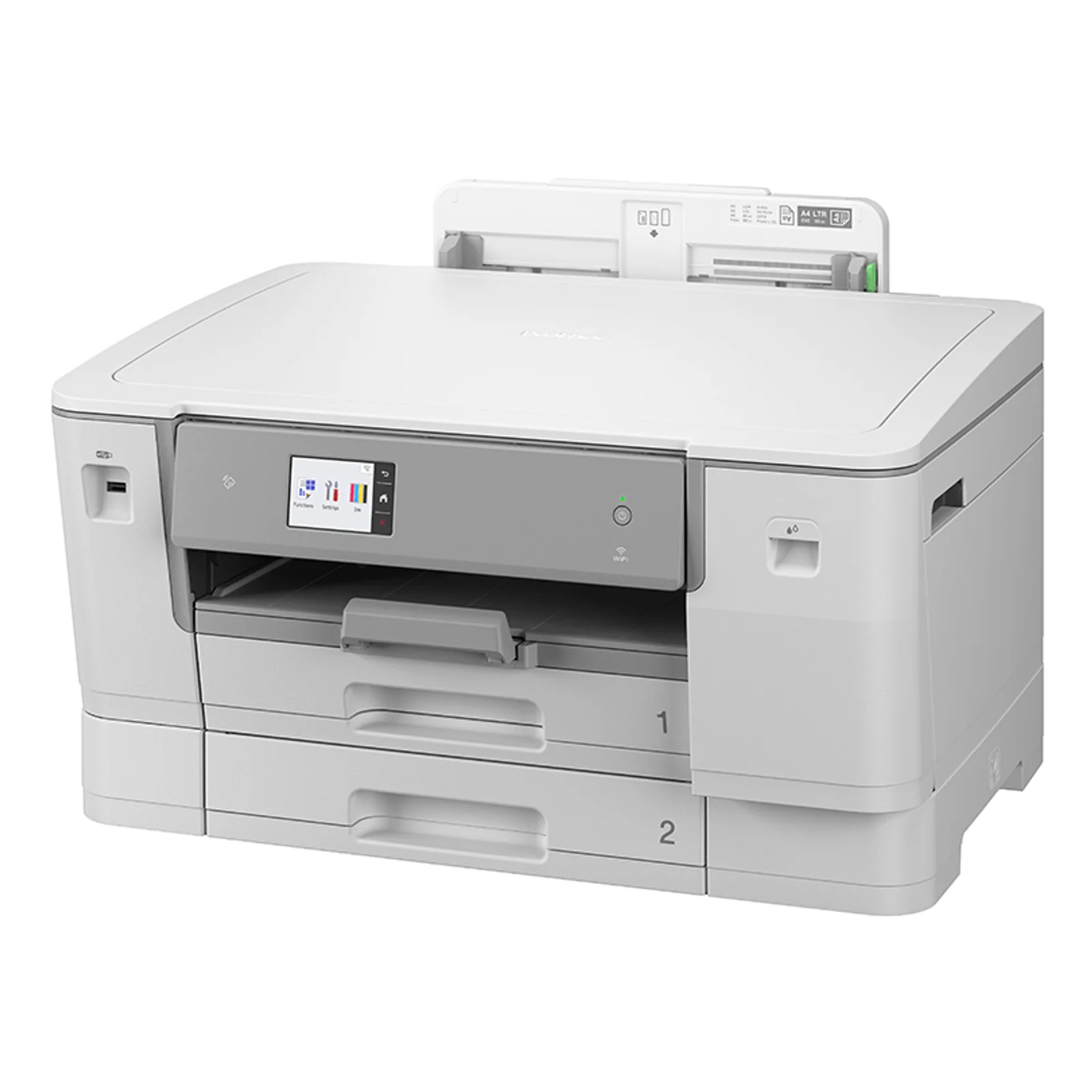 Imprimante Brother HL-J6010DW vue trois quarts avec bac d'alimentation supérieur déployé et écran tactile allumé
