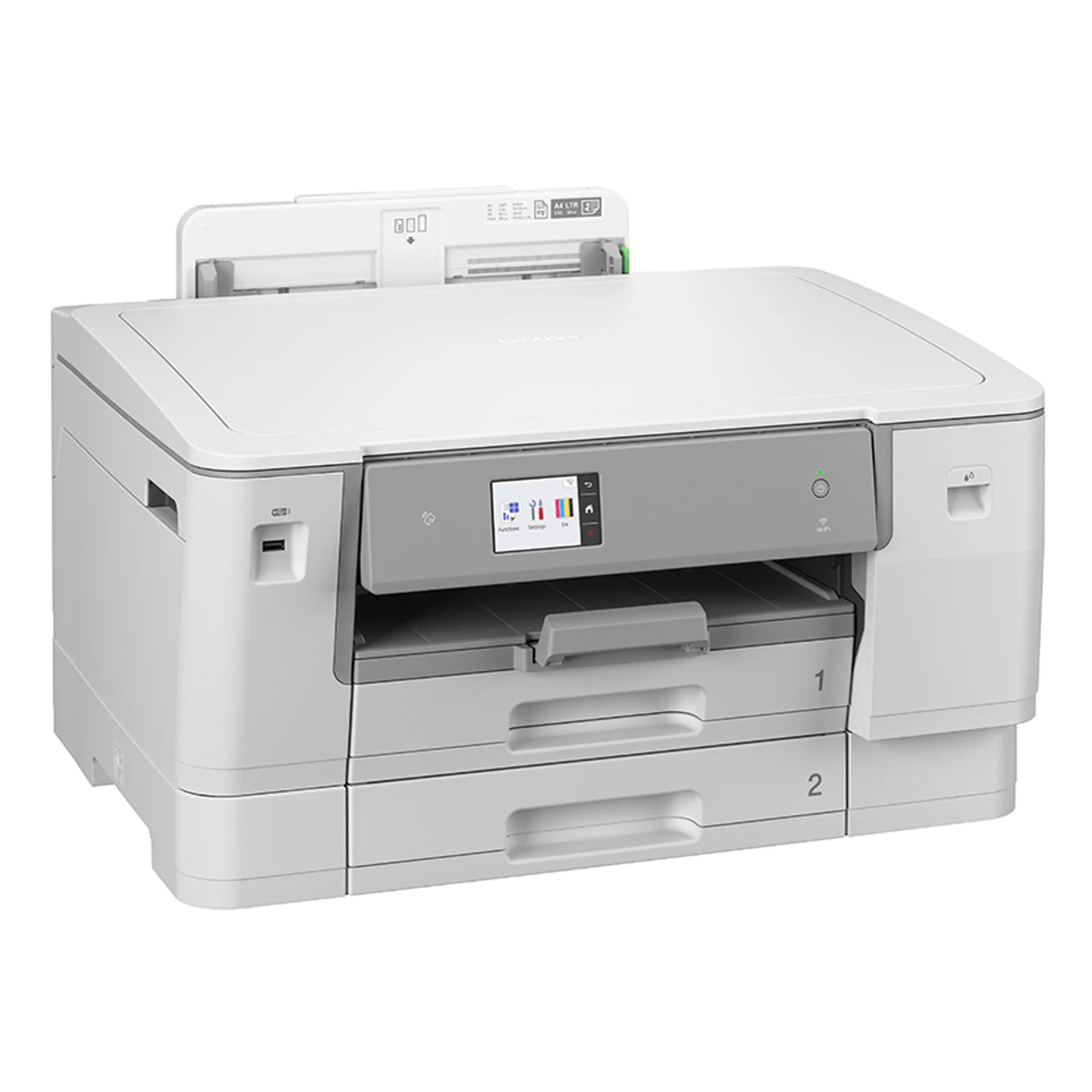 Imprimante Brother HL-J6010DW vue de côté blanche montrant les deux bacs papier numérotés 1 et 2 et le bac arrière