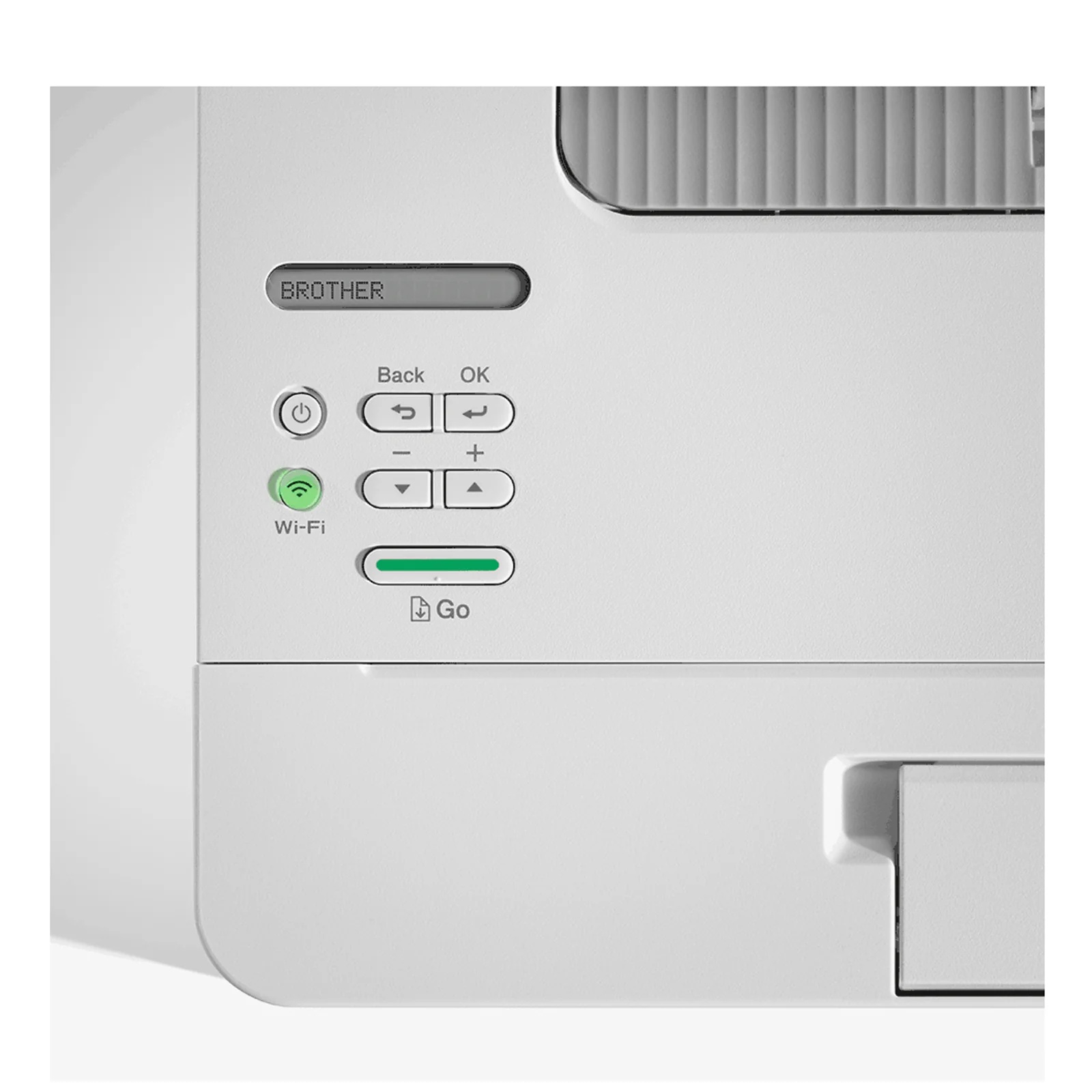 Gros plan du panneau de controle Brother HL-L2865DW avec touches Back, OK, plus, moins et bouton Wi-Fi vert et bouton Go