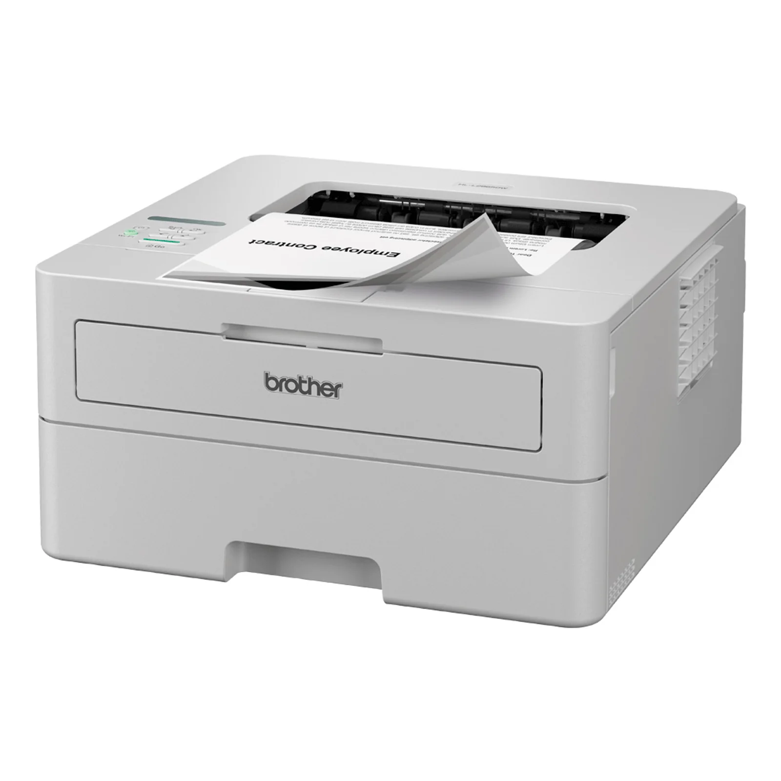 Brother HL-L2865DW vue de trois quarts blanche avec ouverture du capot superieur et page contrat employe en sortie