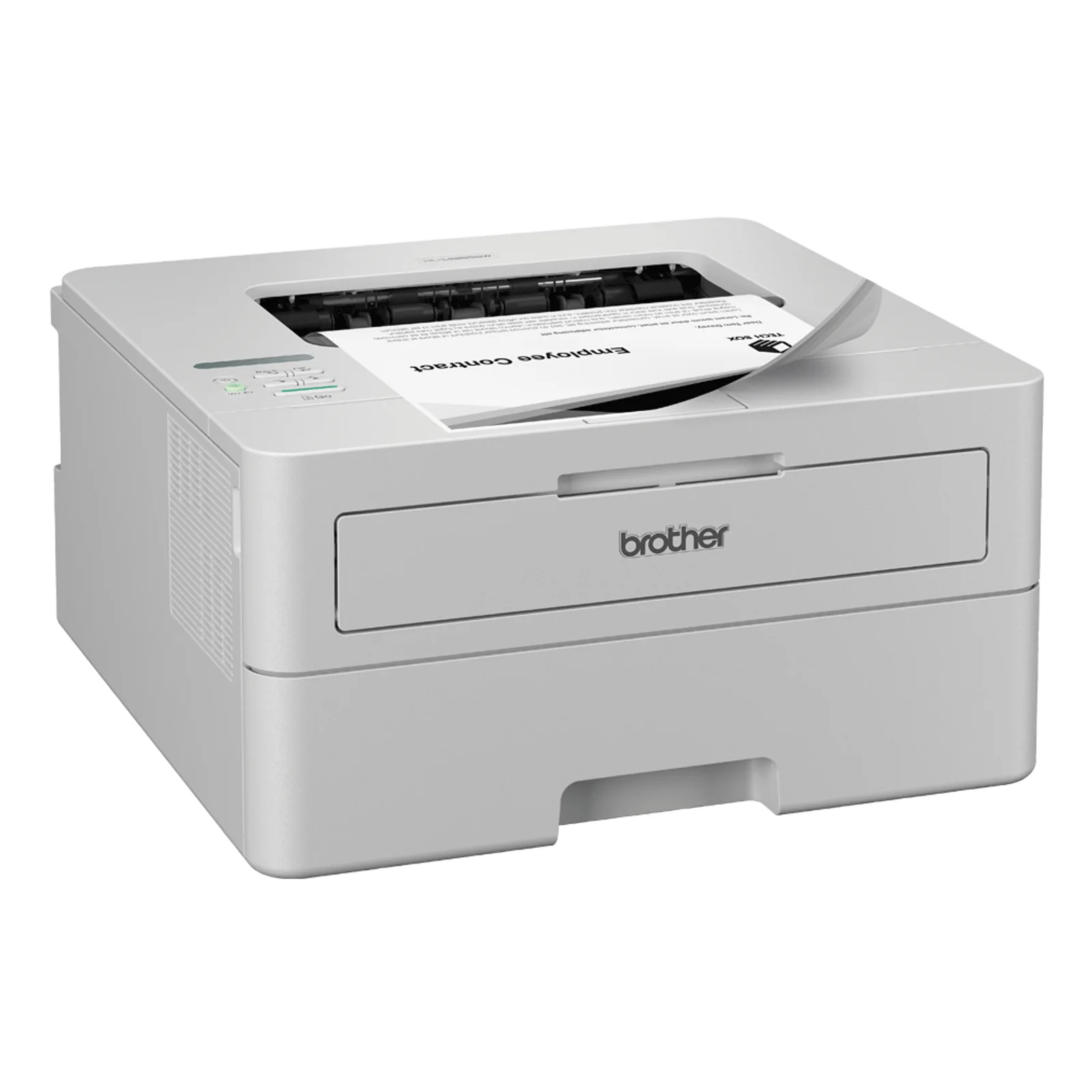 Brother HL-L2865DW vue trois quarts gauche avec sortie papier superieure et grille d'aeration laterale visible