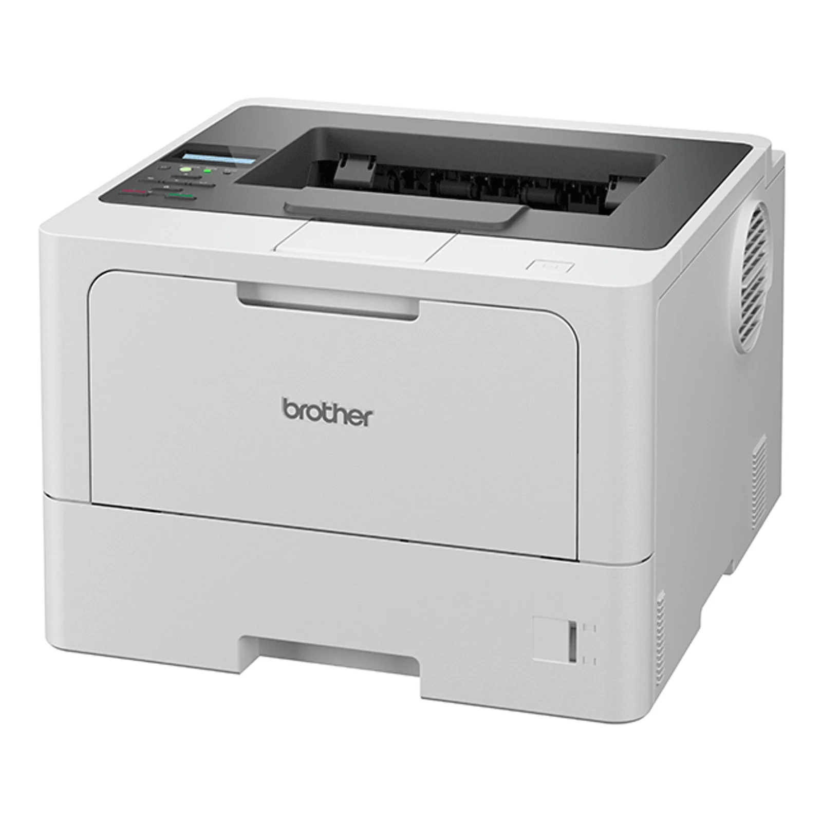 Imprimante laser Brother HL-L5210DN vue trois quarts gauche, bac de sortie supérieur visible et logo Brother centré sur la façade