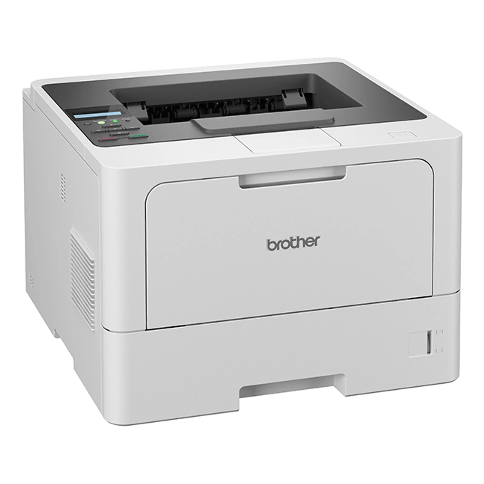 Imprimante laser Brother HL-L5210DN vue trois quarts droite, façade fermée et bac papier inférieur visible avec aération latérale