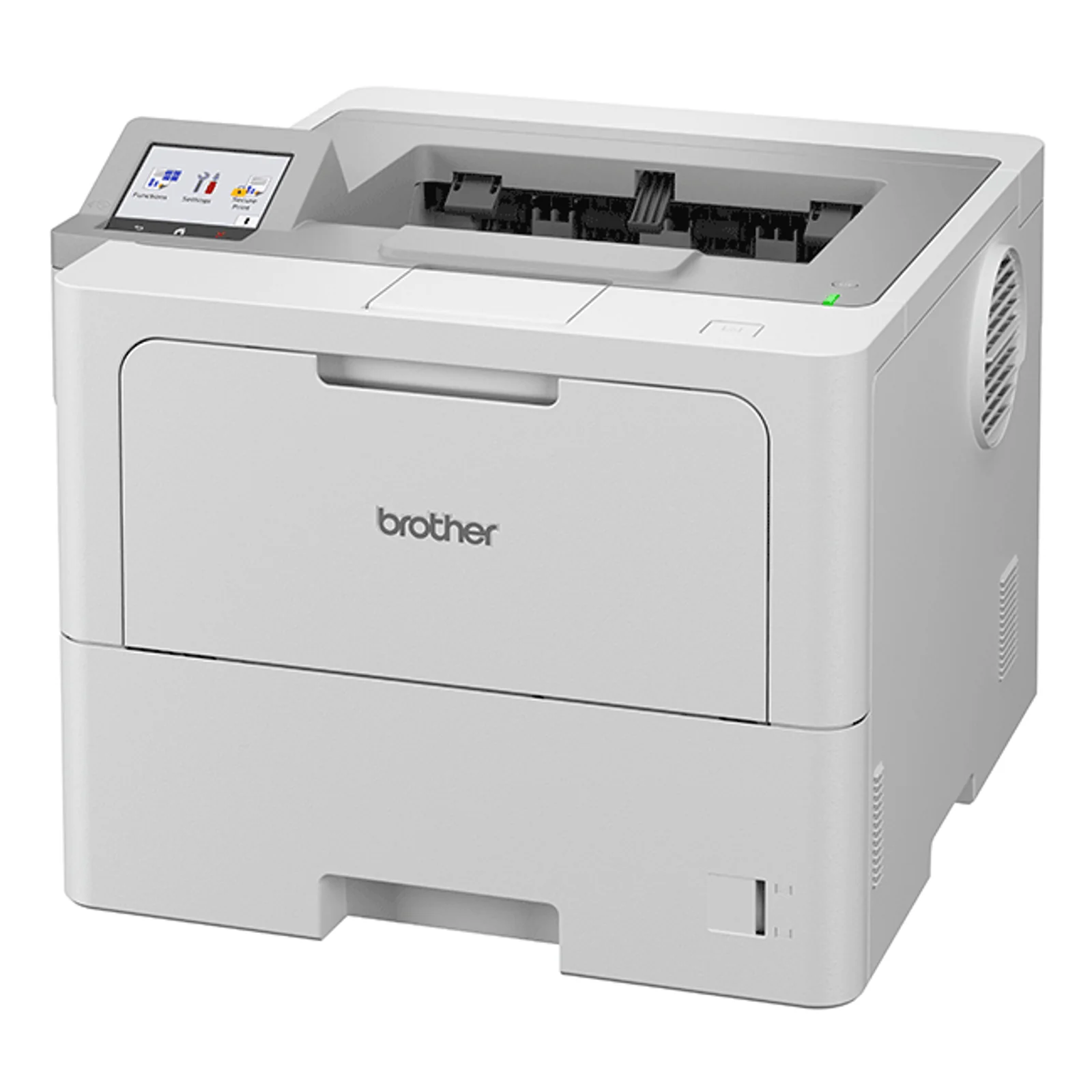 Vue de trois quarts de la Brother HL-L6410DN avec écran tactile couleur incliné et bac papier inférieur fermé